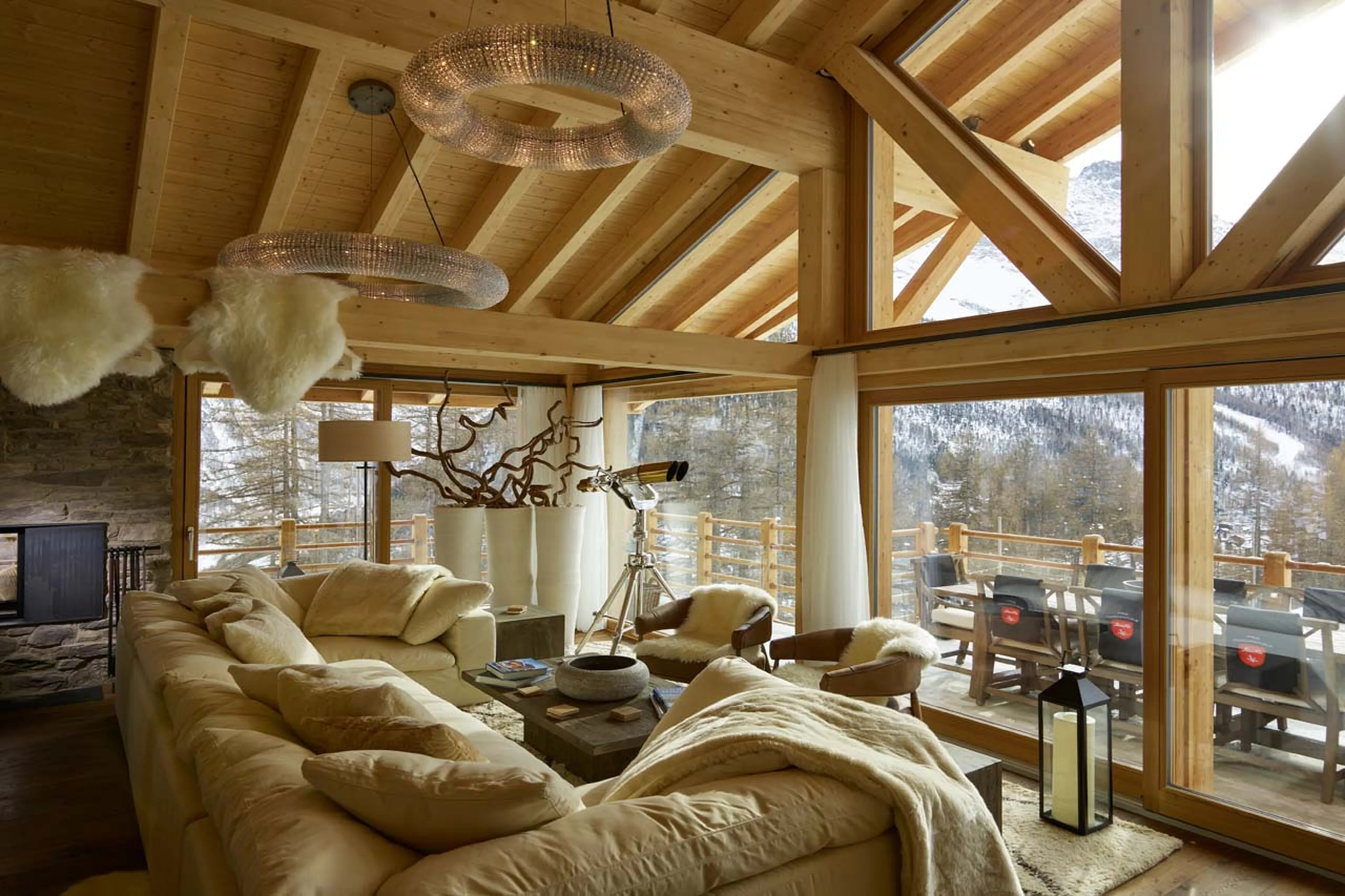 Open plan living area at Chalet Annapurna in Saas Fee