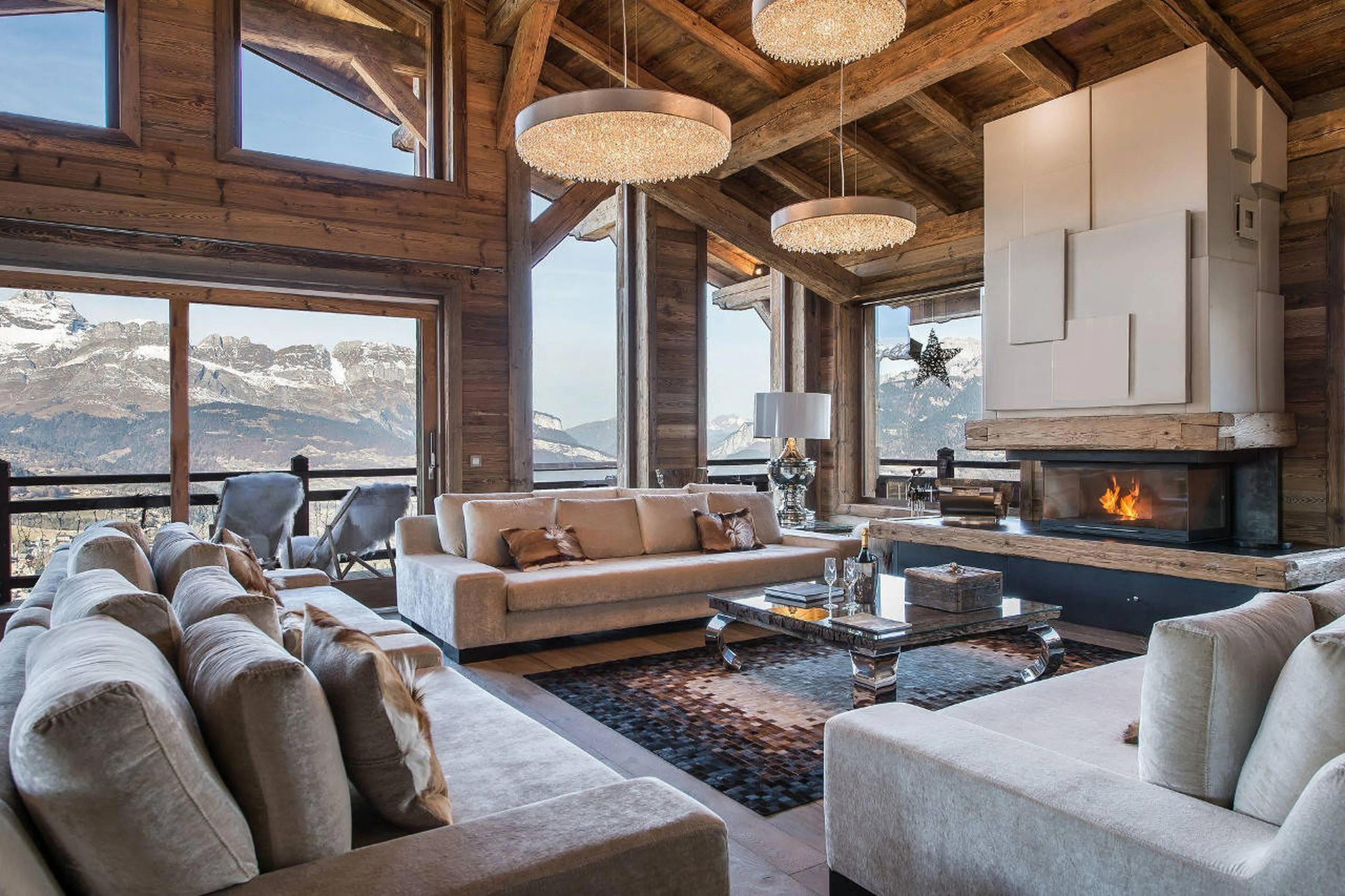 Living area in Chalet Ararat in Megave with stunning view