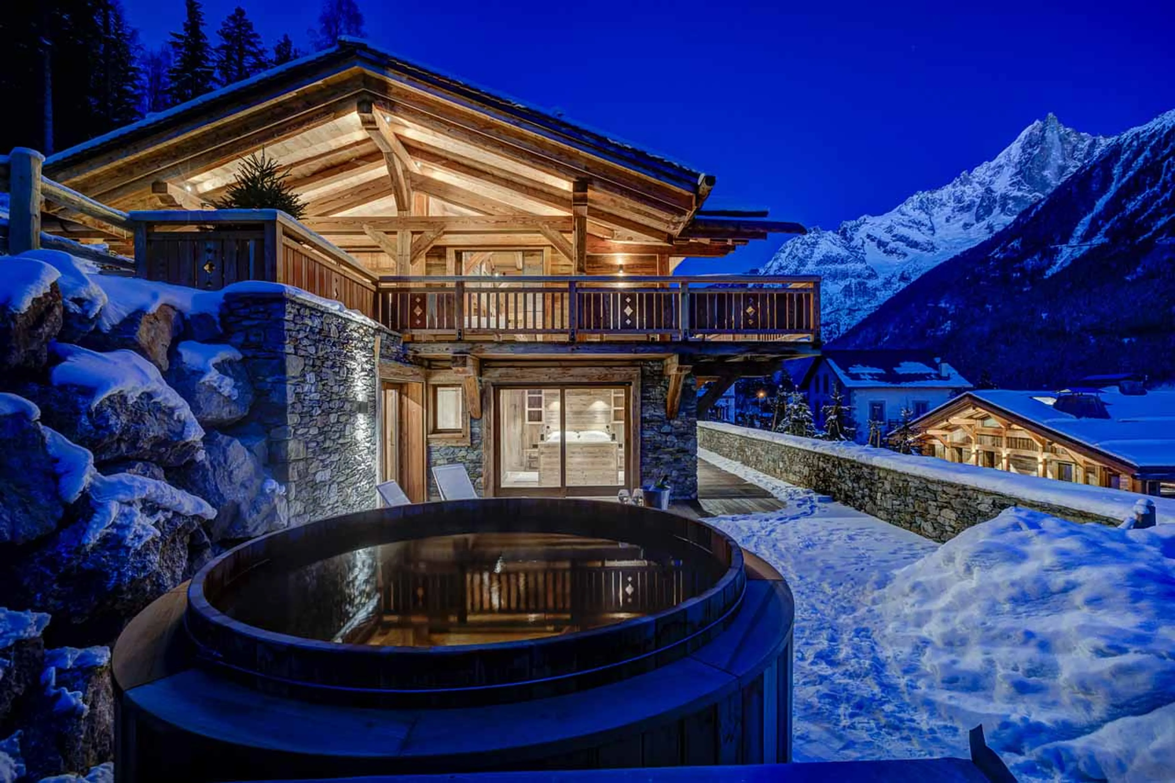 Hot tub at night at Chalet Azurite in Chamonix
