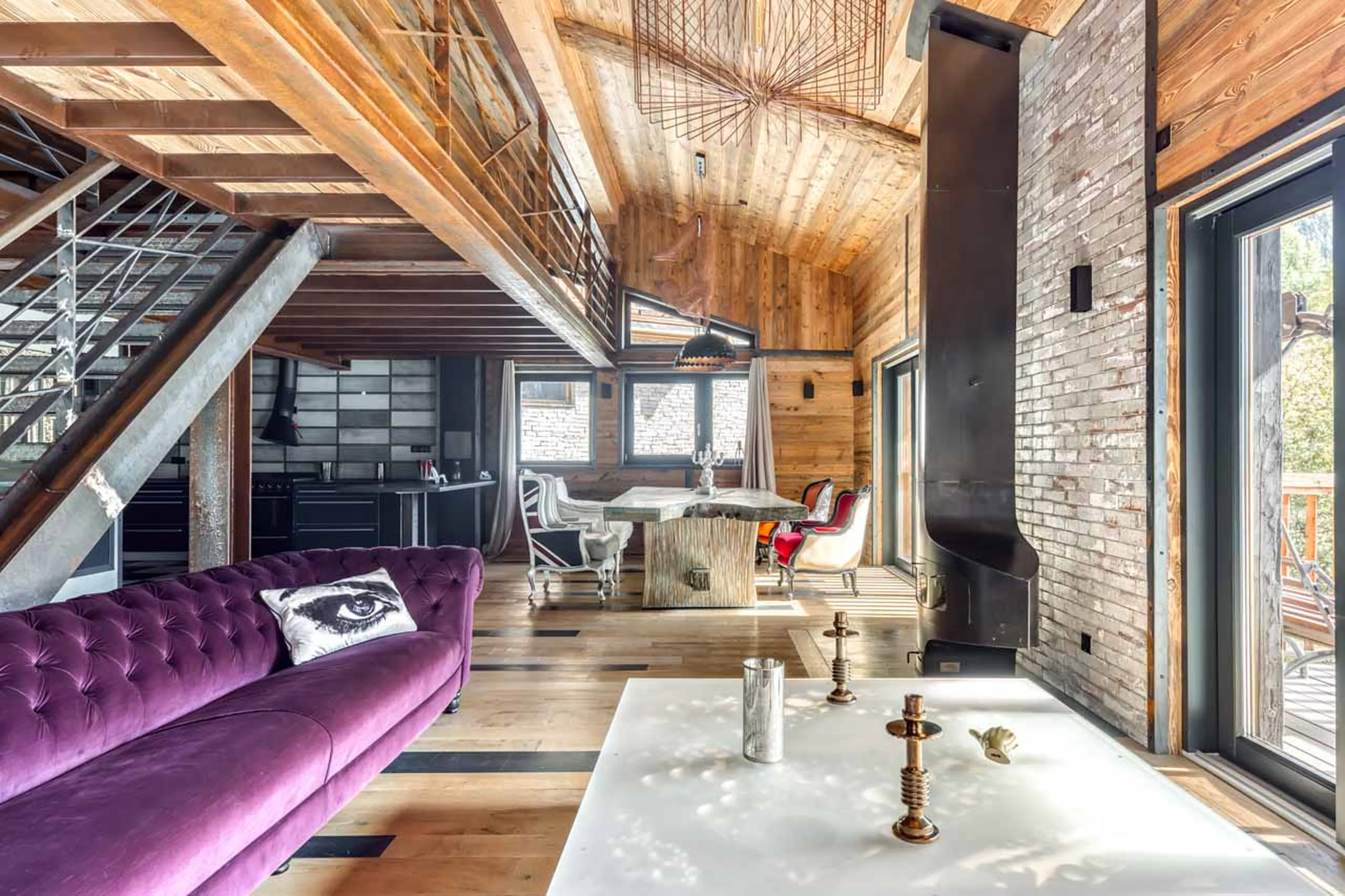 Staircase in living area of Chalet Banksy in Tignes