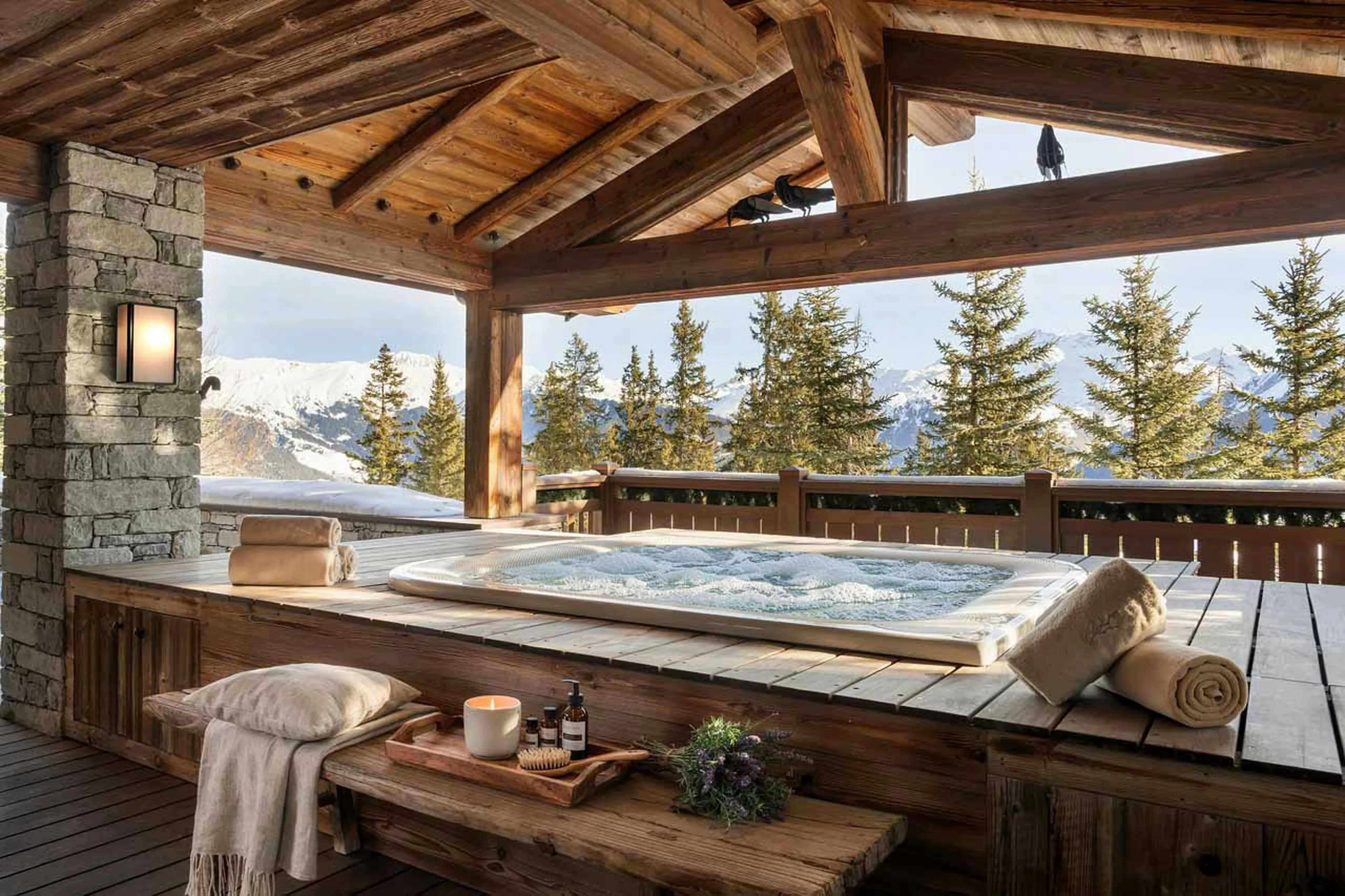 Jacuzzi on the large outdoor terrace of Chalet Les Bastidons  in Courchevel 1850