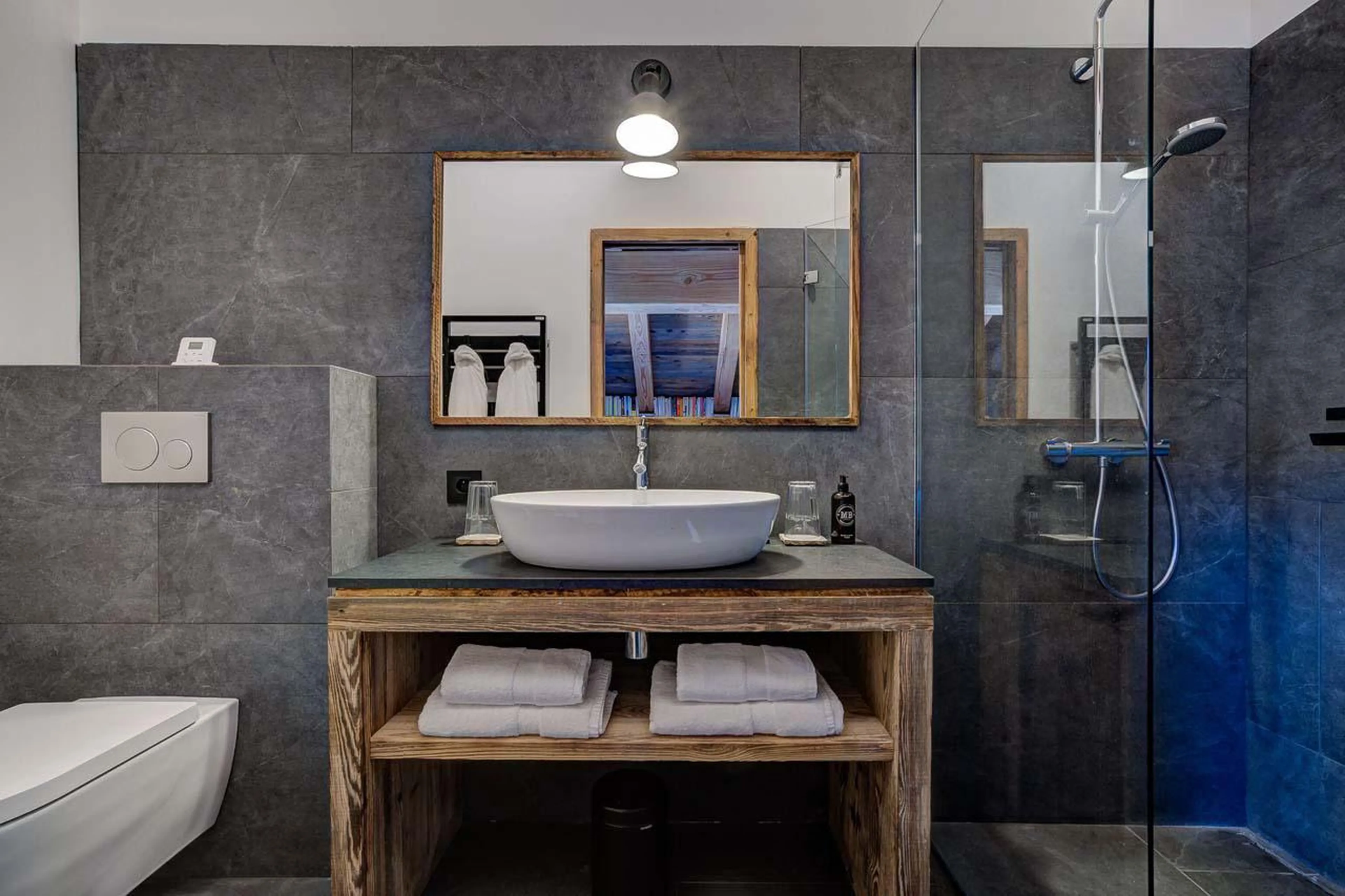 Modern en-suite shower room at Chalet Bergeronnette in Meribel