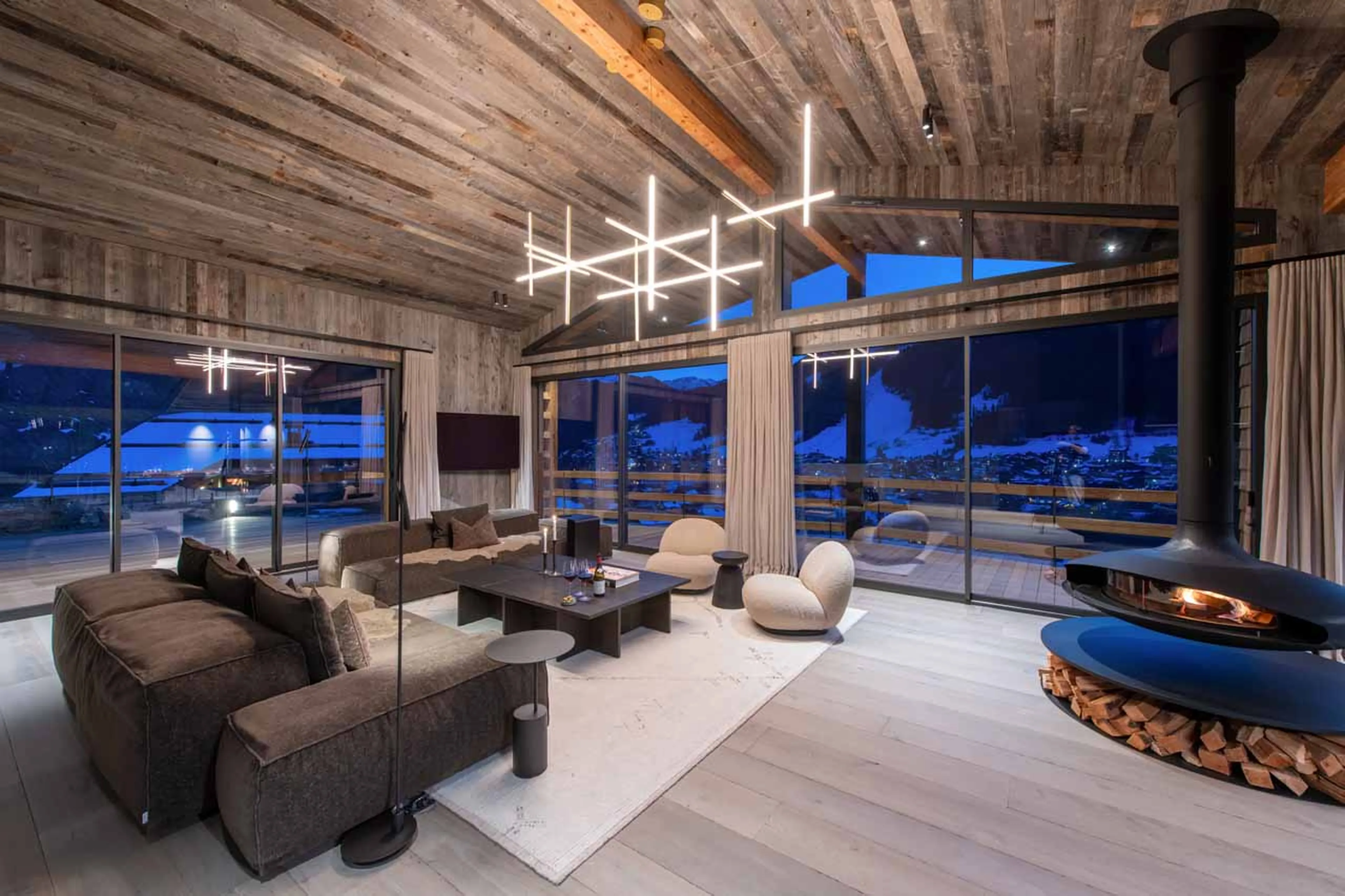 Living area evening at Chalet Bisou in Morzine