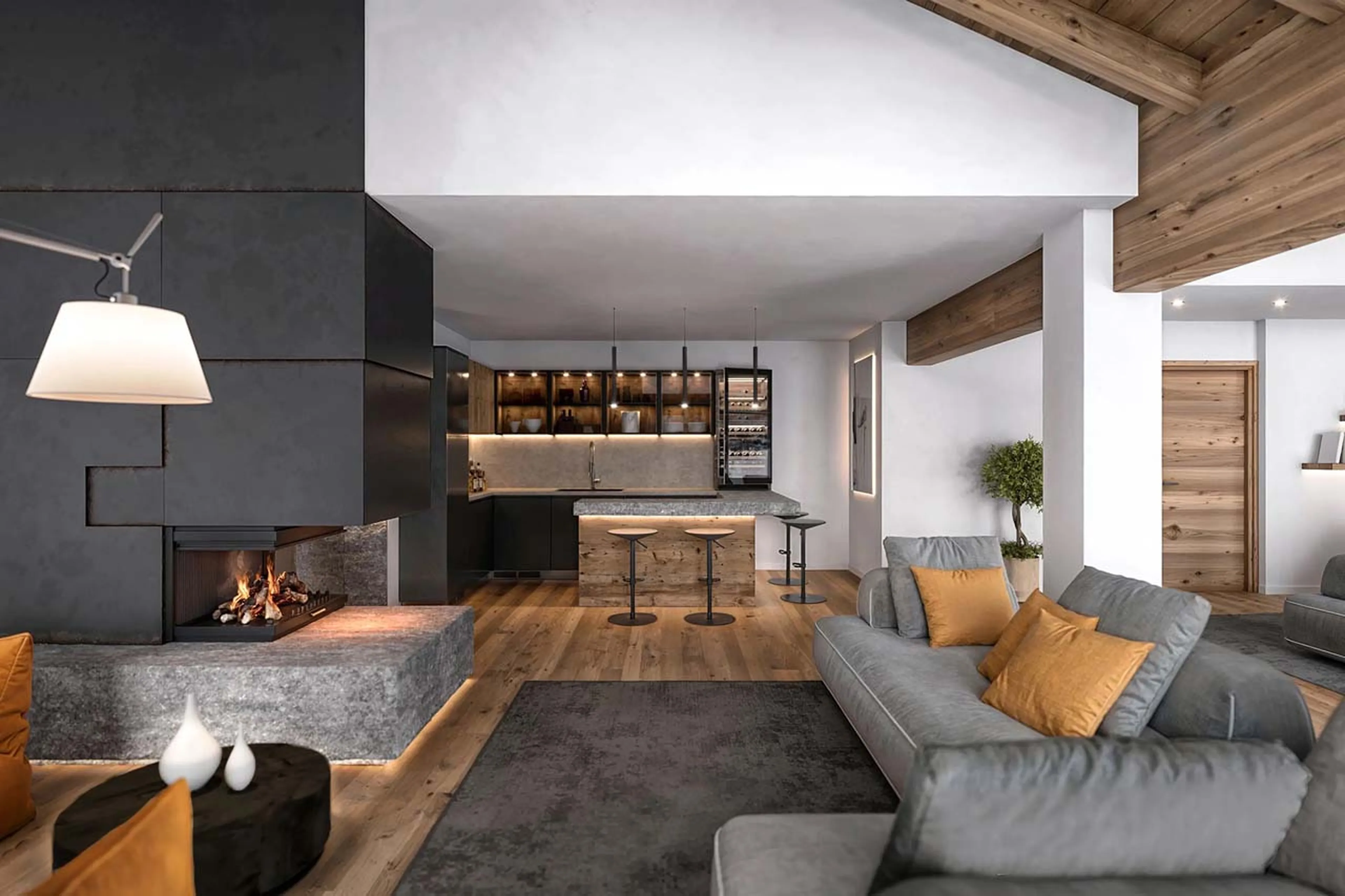 Open-plan living area at Chalet Breithorn in Cervinia