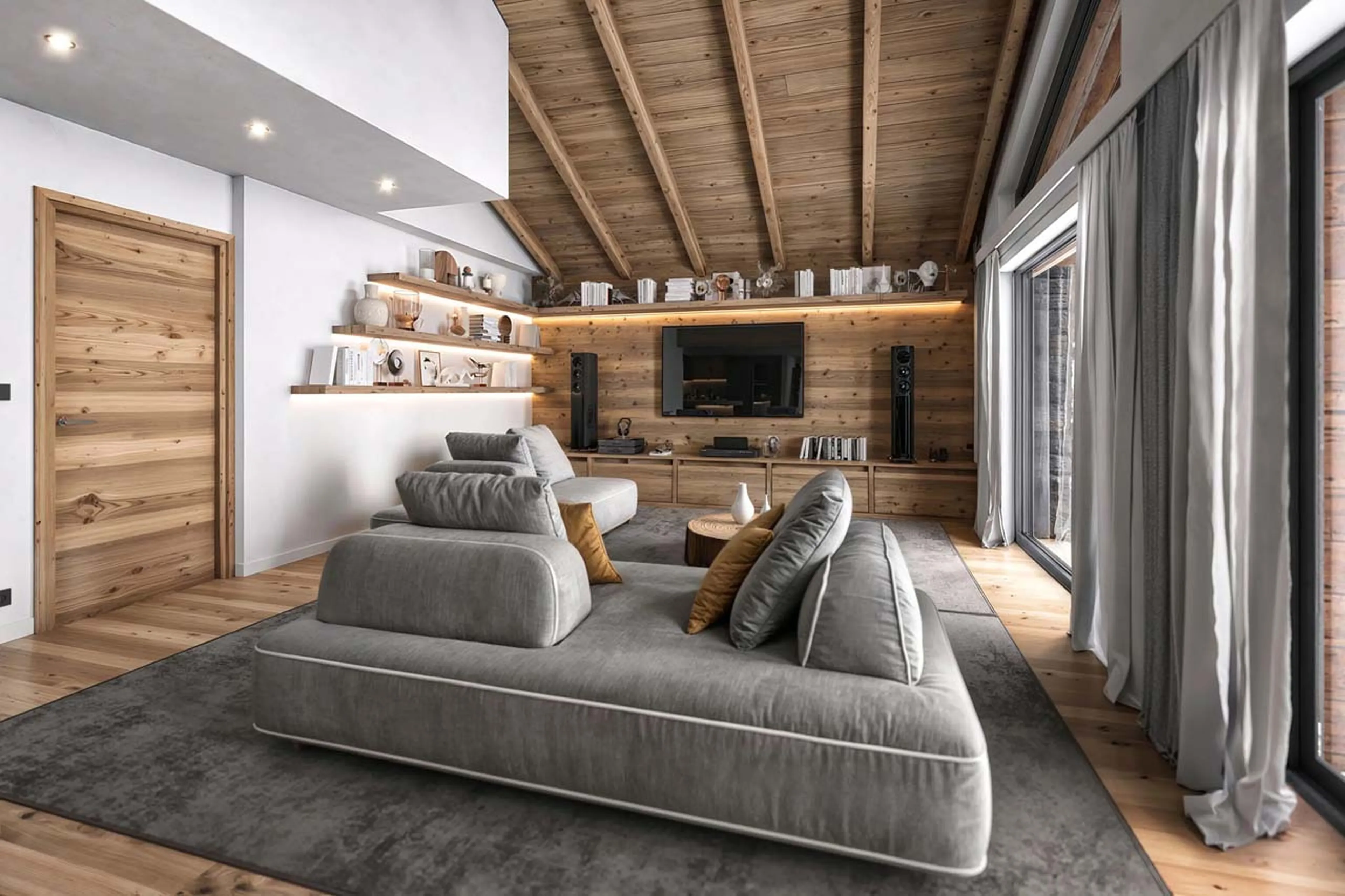 Tv and sofas in living room of Chalet Breithorn in Cervinia