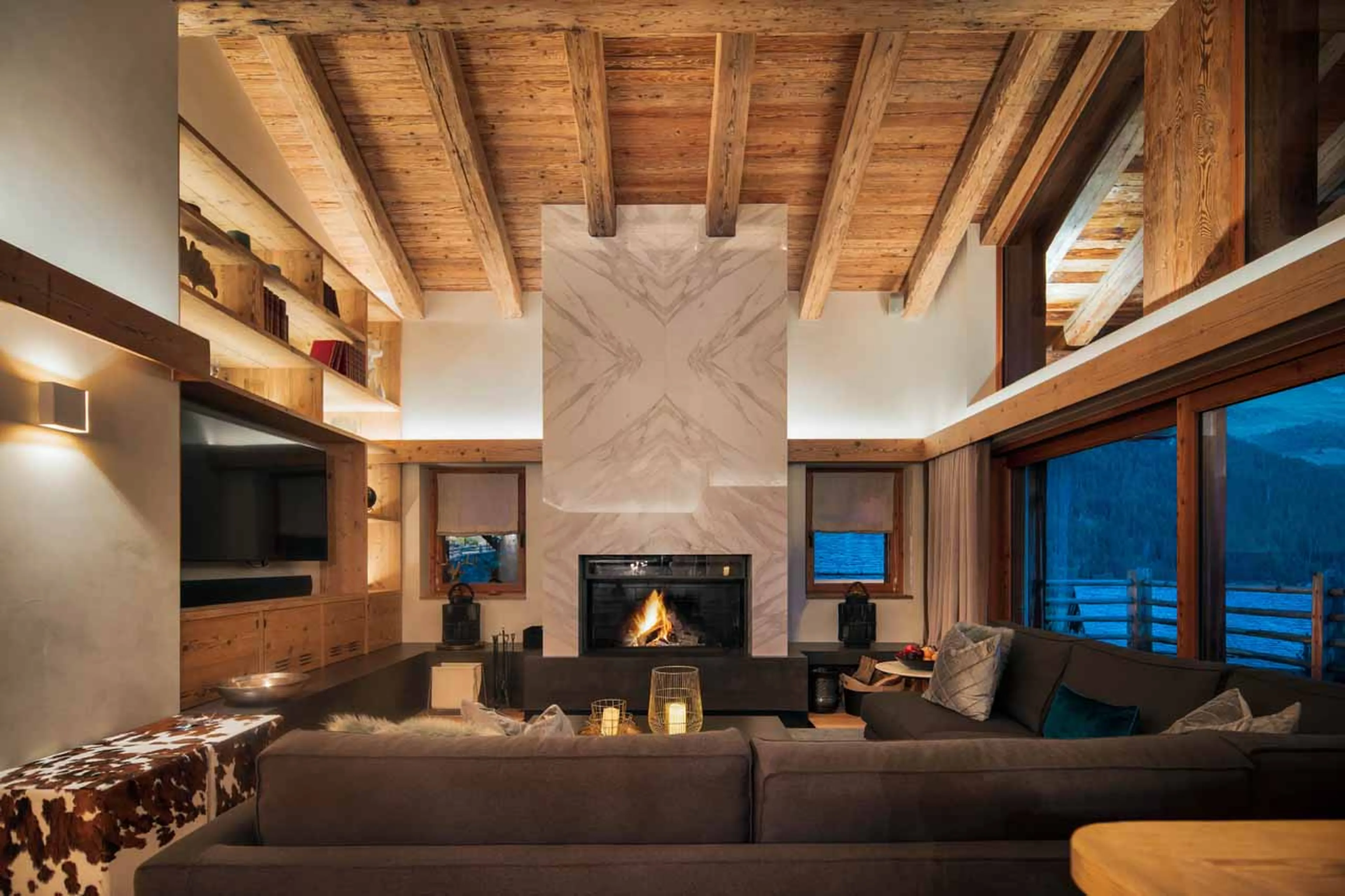 Fireplace in living area at Calima Estate in Verbier