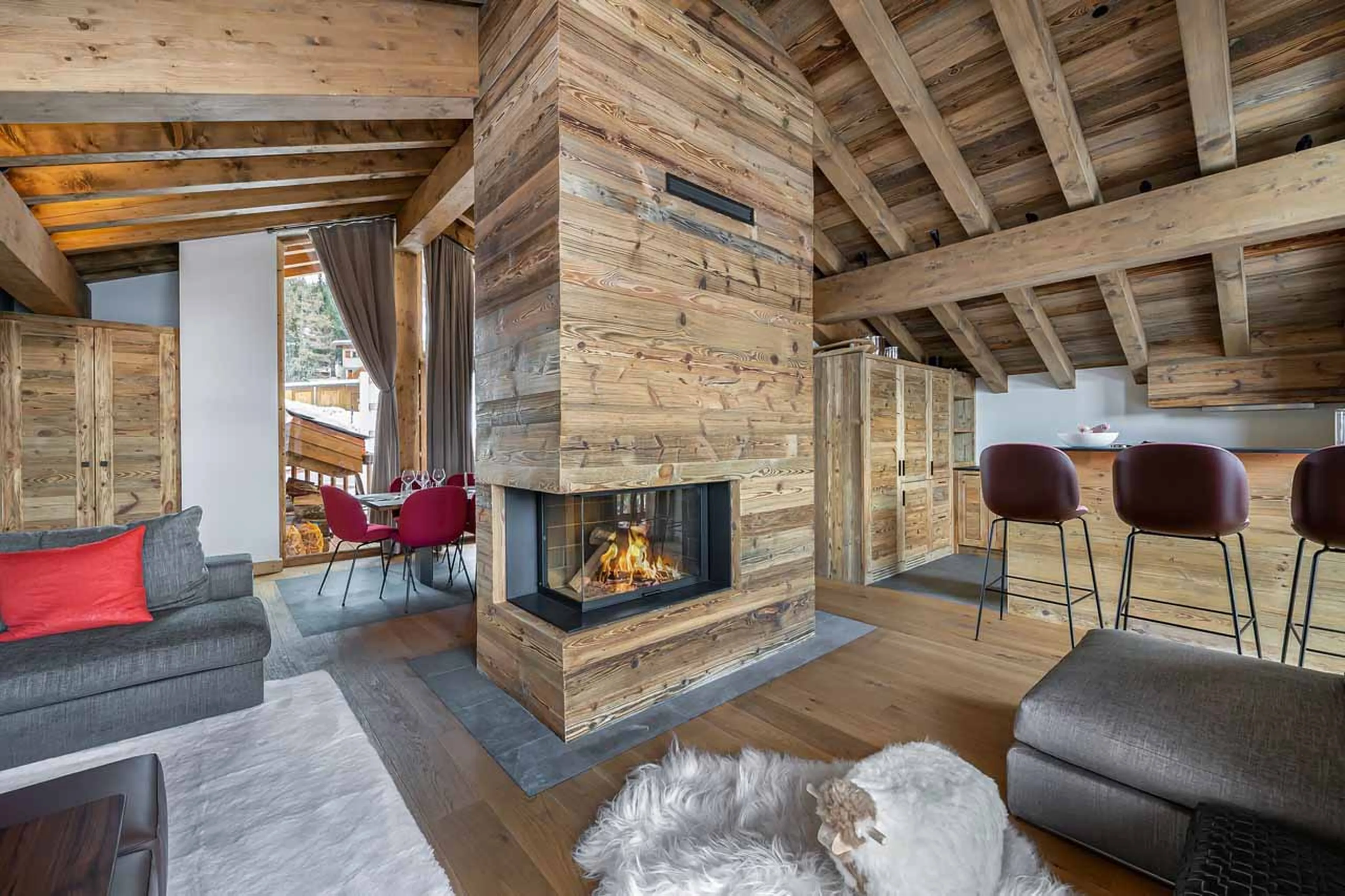 Fireplace in living area of Chalet Carcentina in Courchevel 1550
