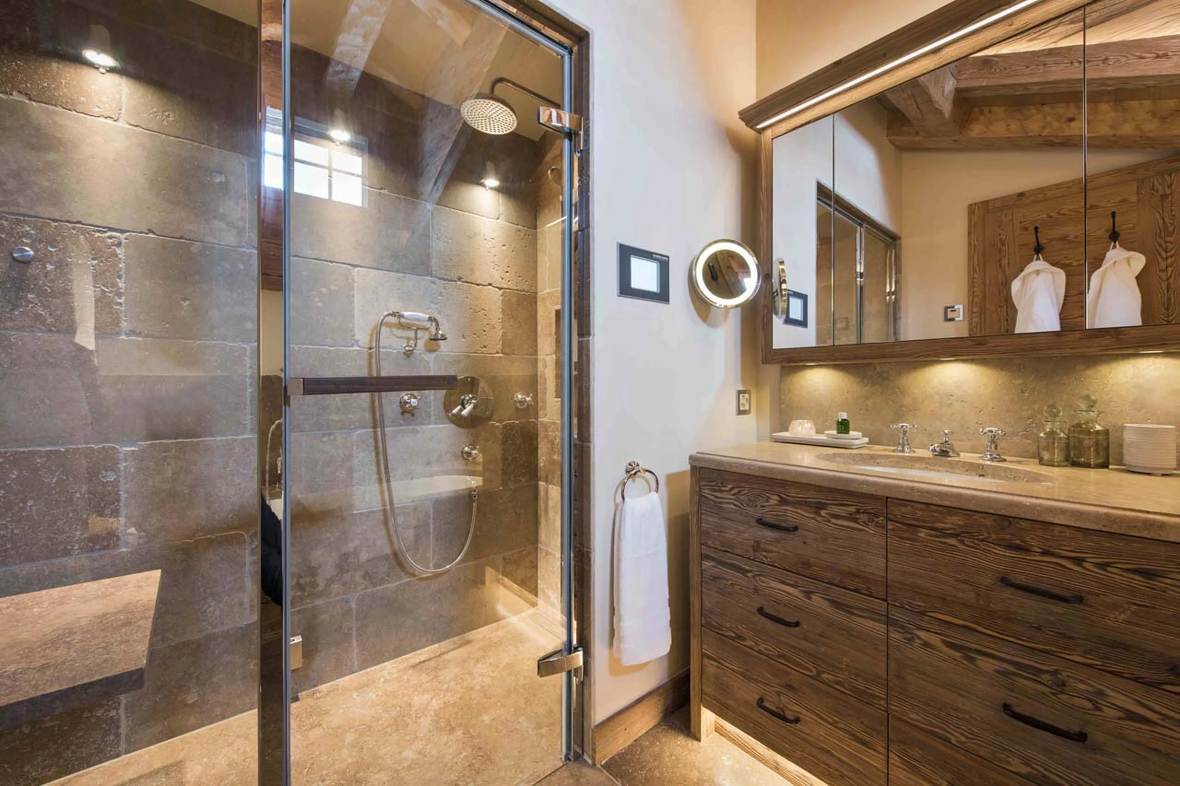 Shower in master bathroom at Chalet Chouqui in Verbier