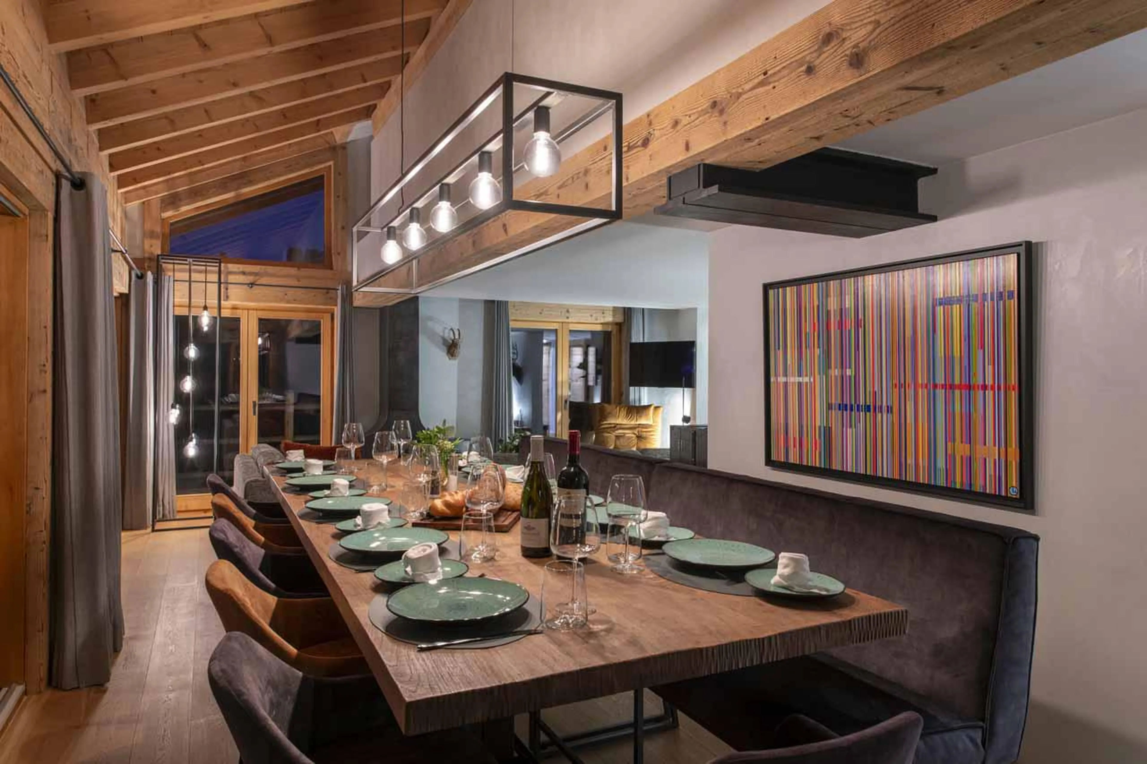 Modern lighting and artwork at Chalet Clambinet in Verbier