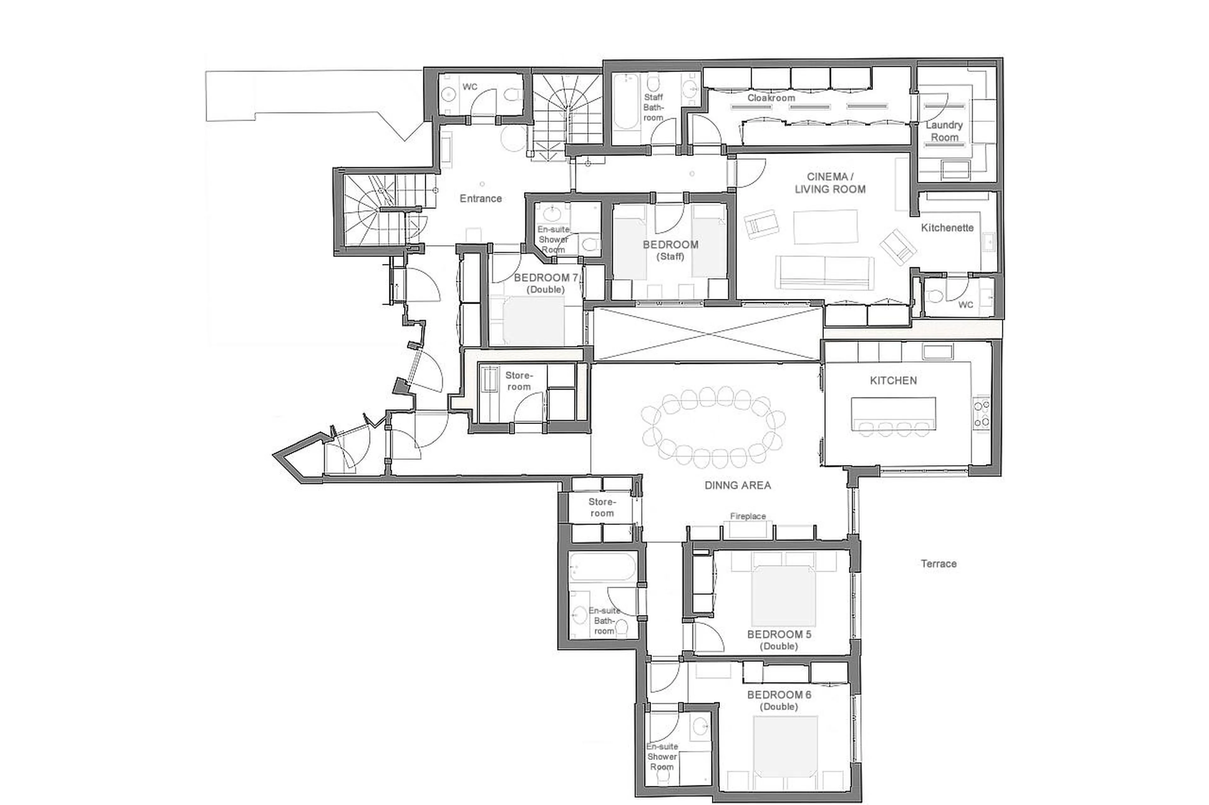 Level 1 floor plan of Chalet Colombe in Gstaad