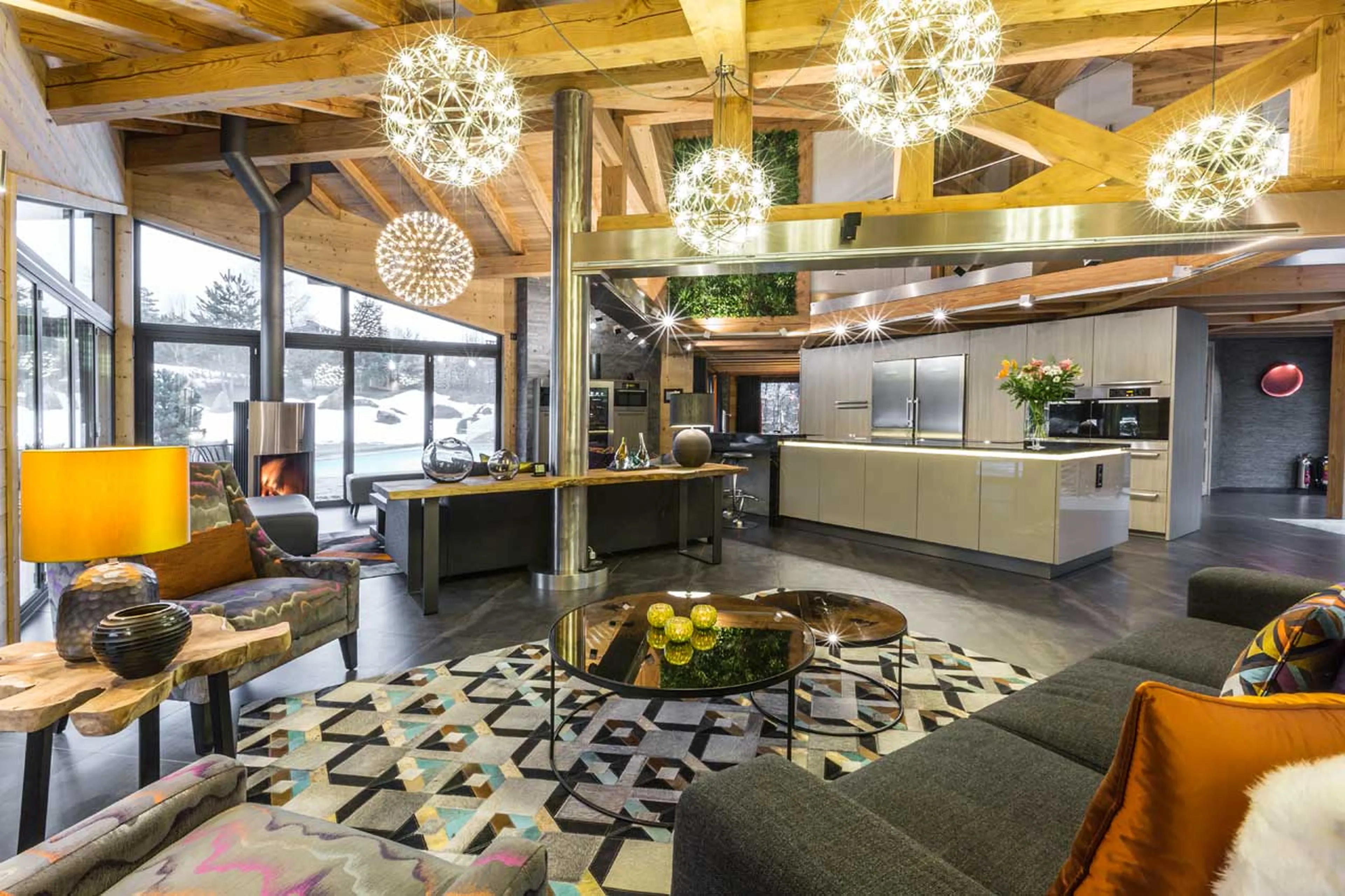 Spacious lounge with unusual vaulted ceiling in Chalet Couttet, Chamonix