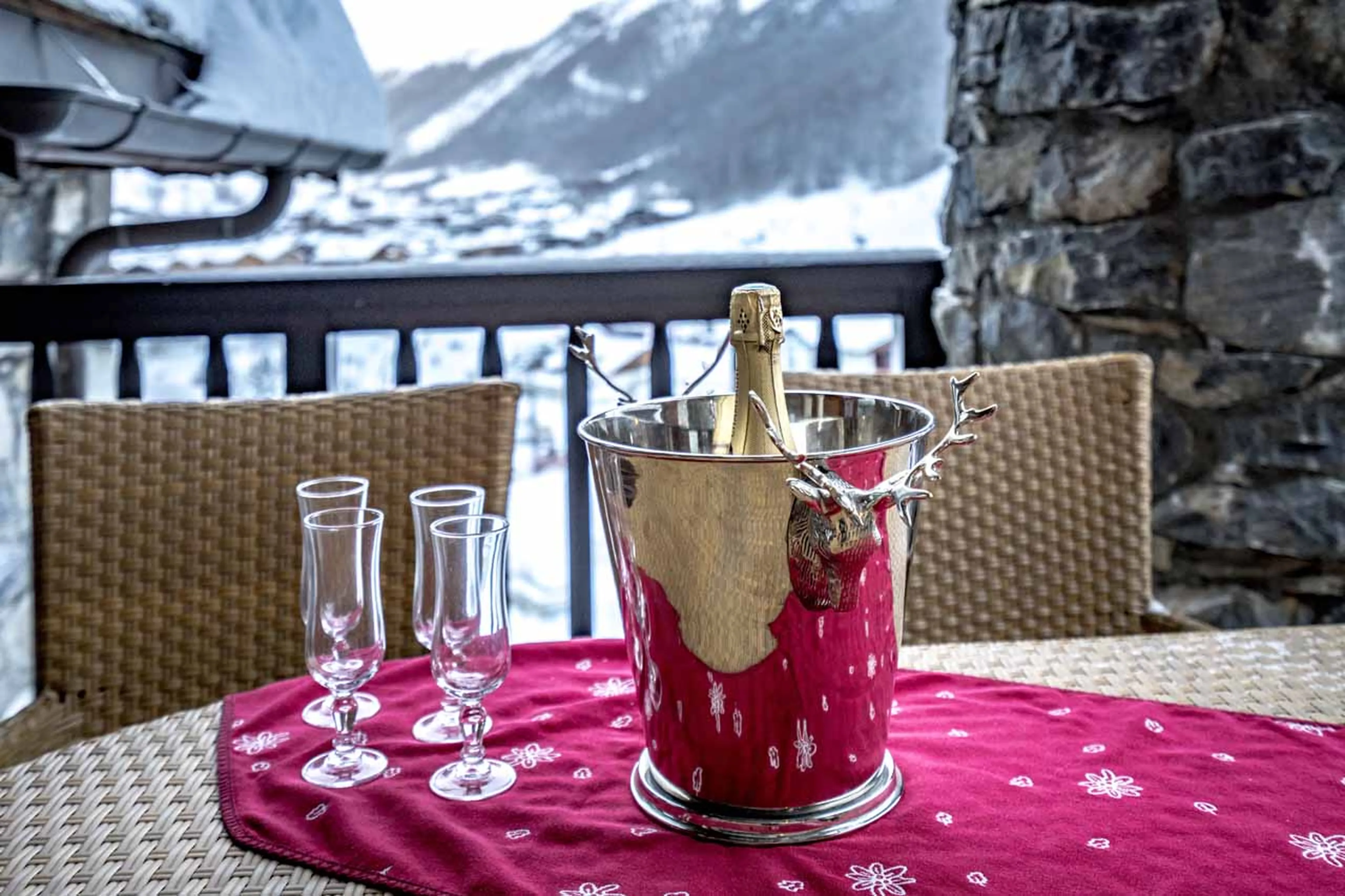 Champagne on the balcony at Chalet Christal A in Val ‘d’Isere