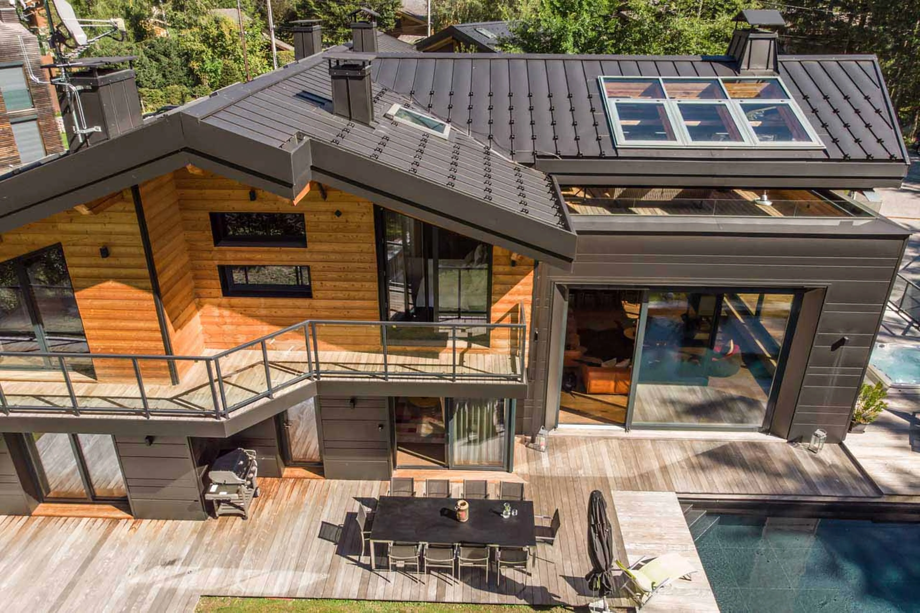 Aerial view of Chalet Dalmore in Chamonix in summer