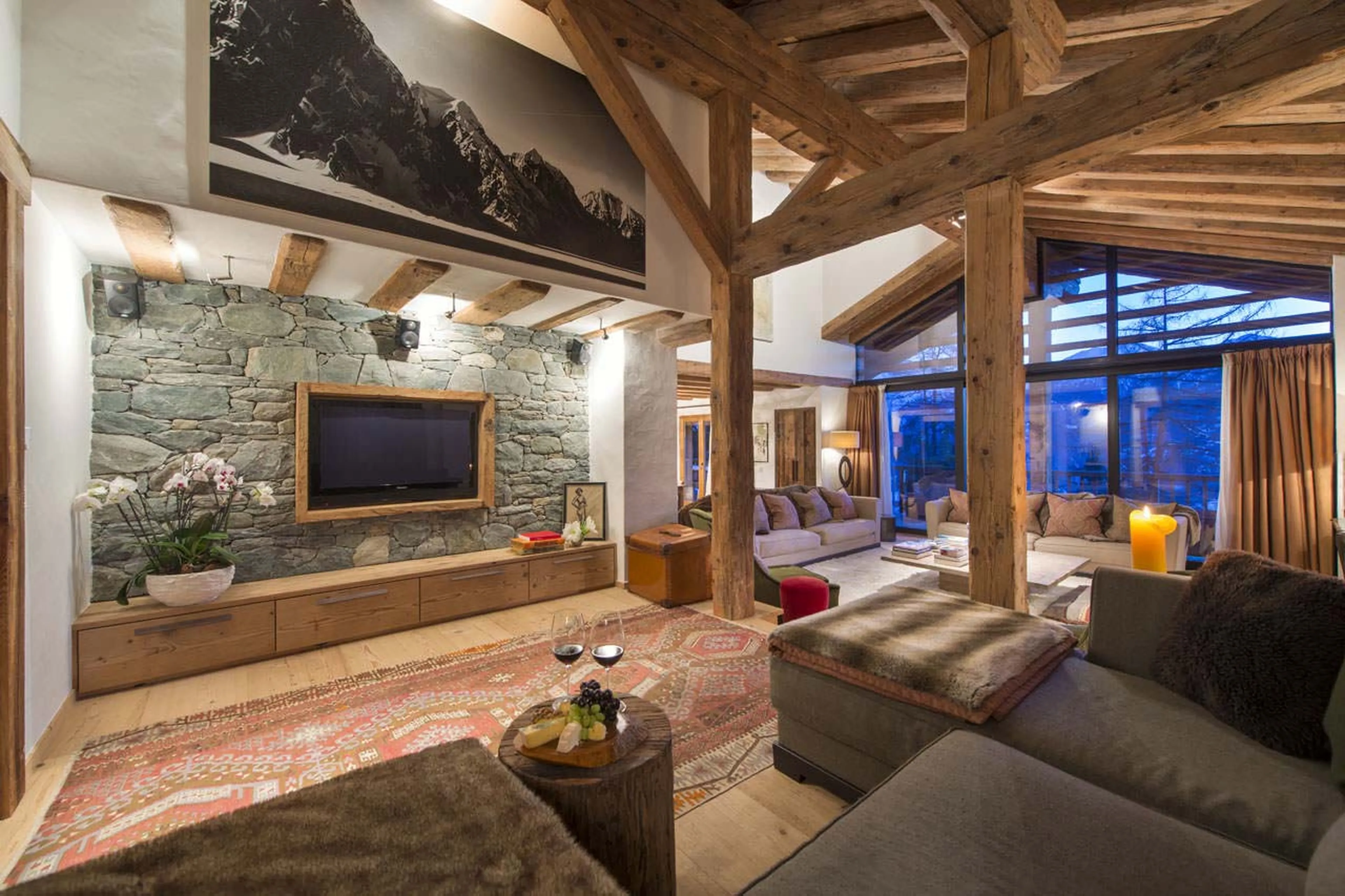TV area in open plan living room of Chalet Dent Blanche in Verbier