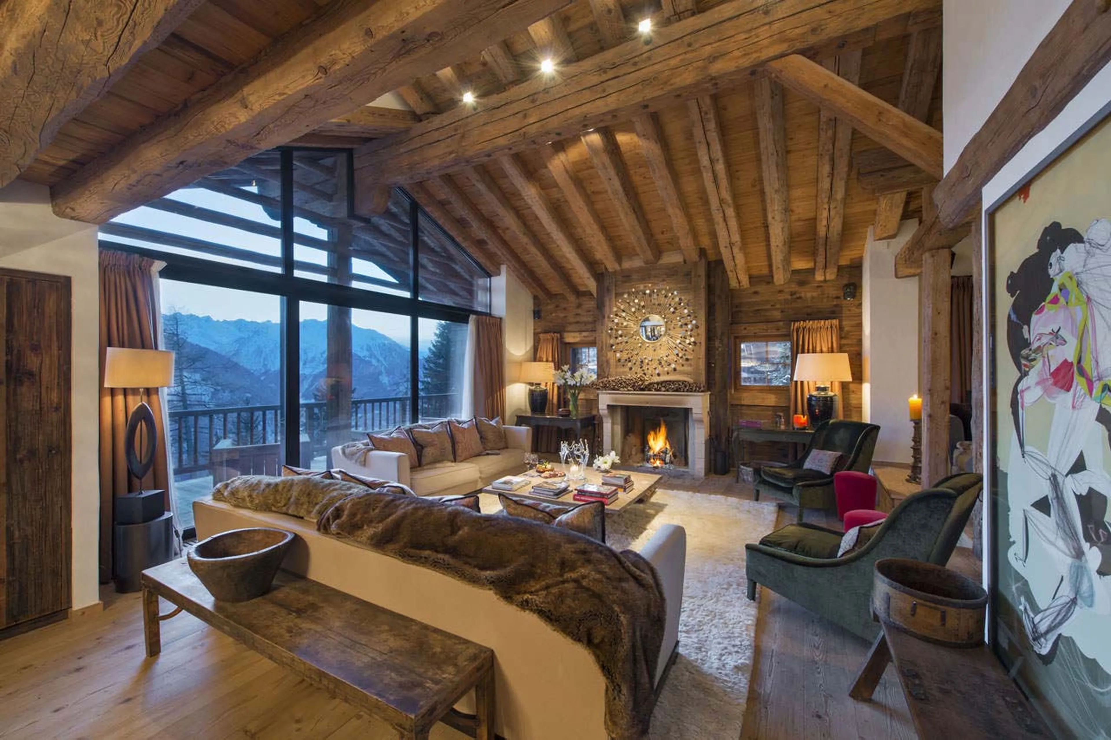 Open plan living area in Chalet Dent Blanche in Verbier