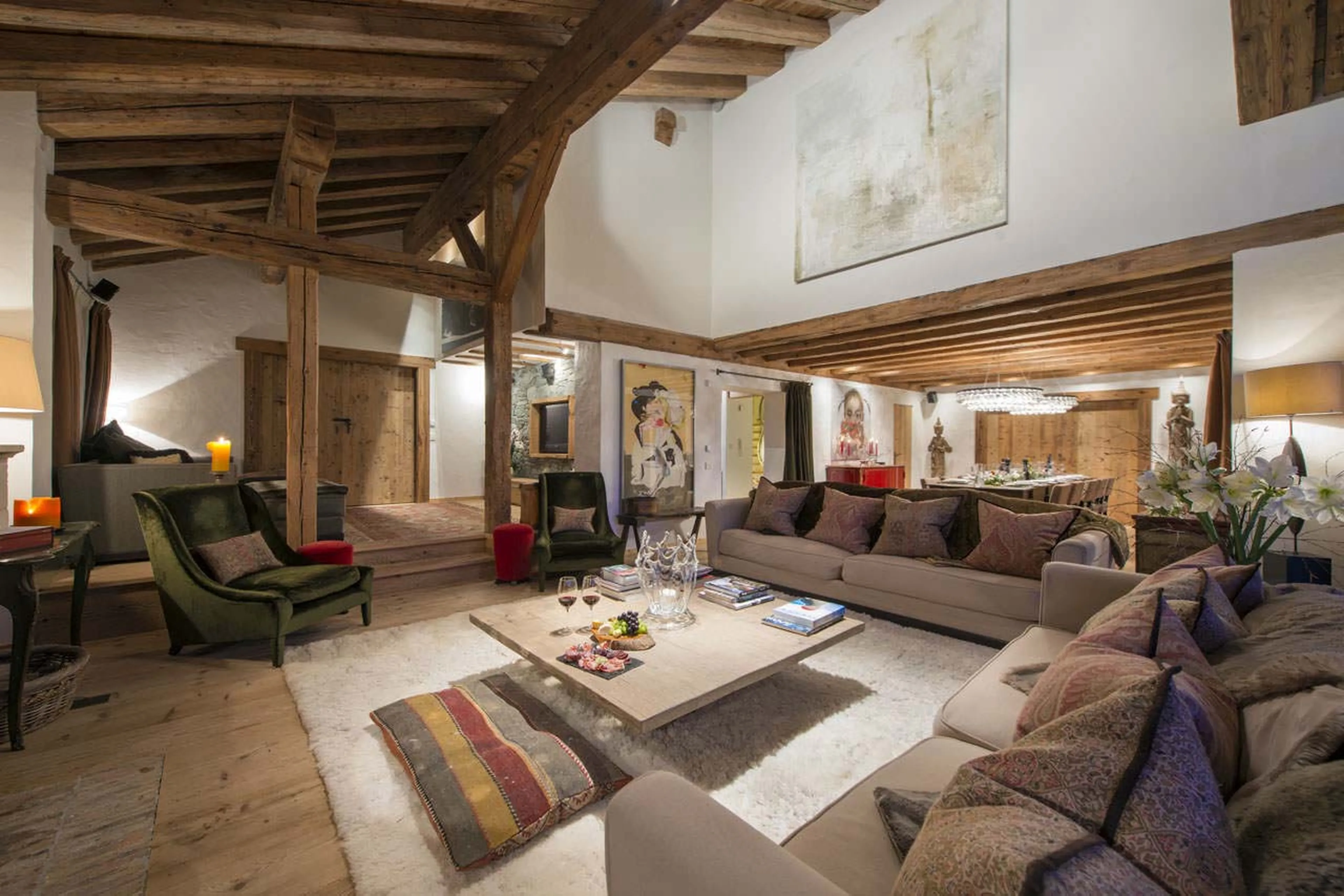 Open plan living and dining area at Chalet Dent Blanche in Verbier