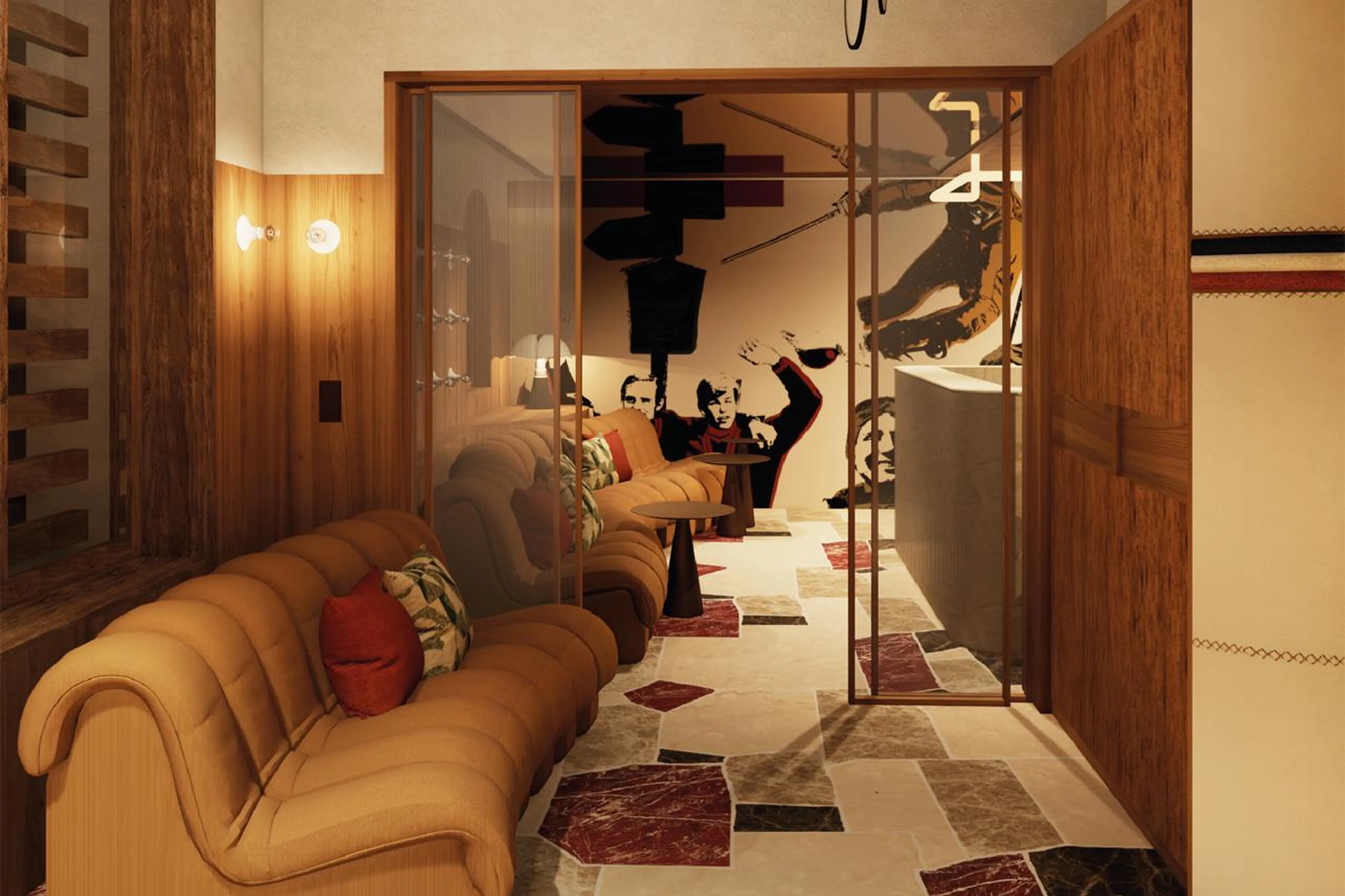 Sofas in bar in Chalet des Legendes, Val d'Isere