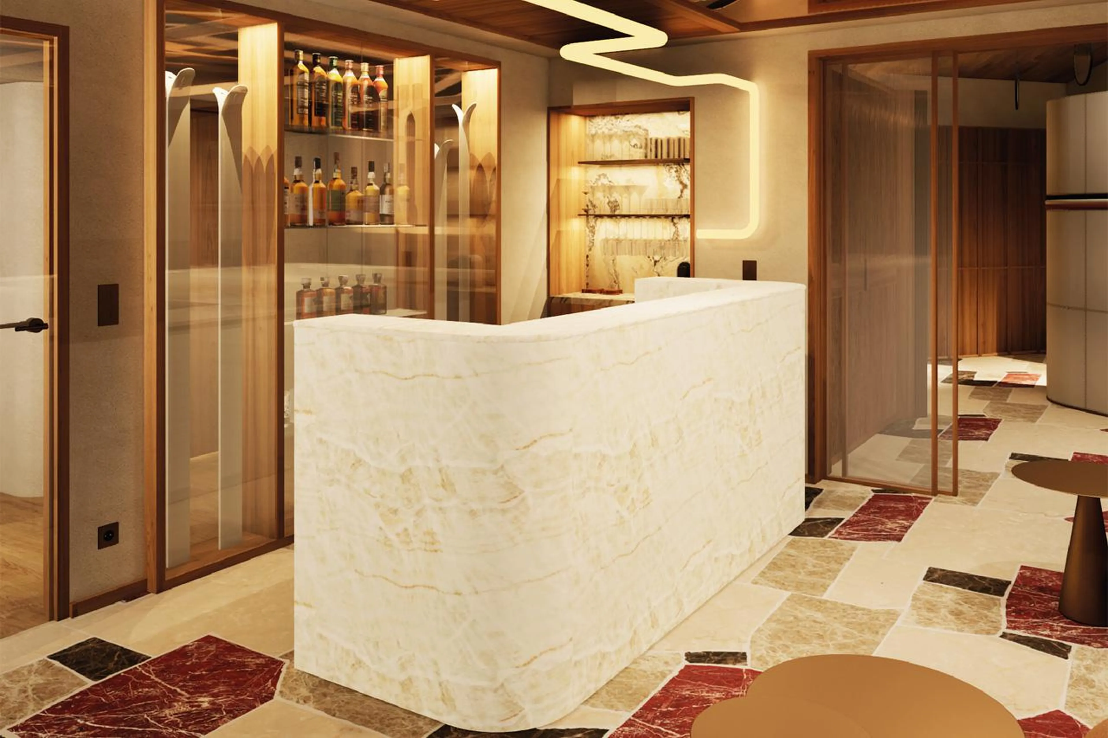 Bar with glass alcohol cabinet in Chalet des Legendes, Val d'Isere