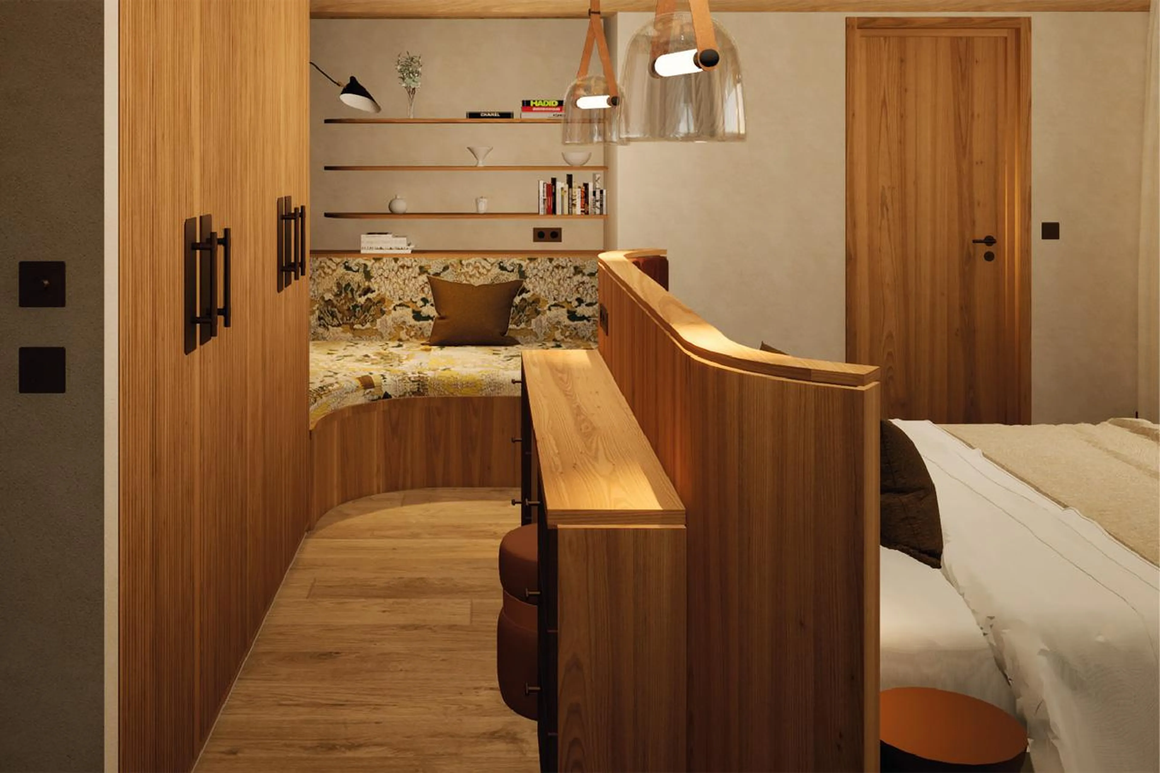 Wardrobes and bench seating in double bedroom in Chalet des Legendes, Val d'Isere
