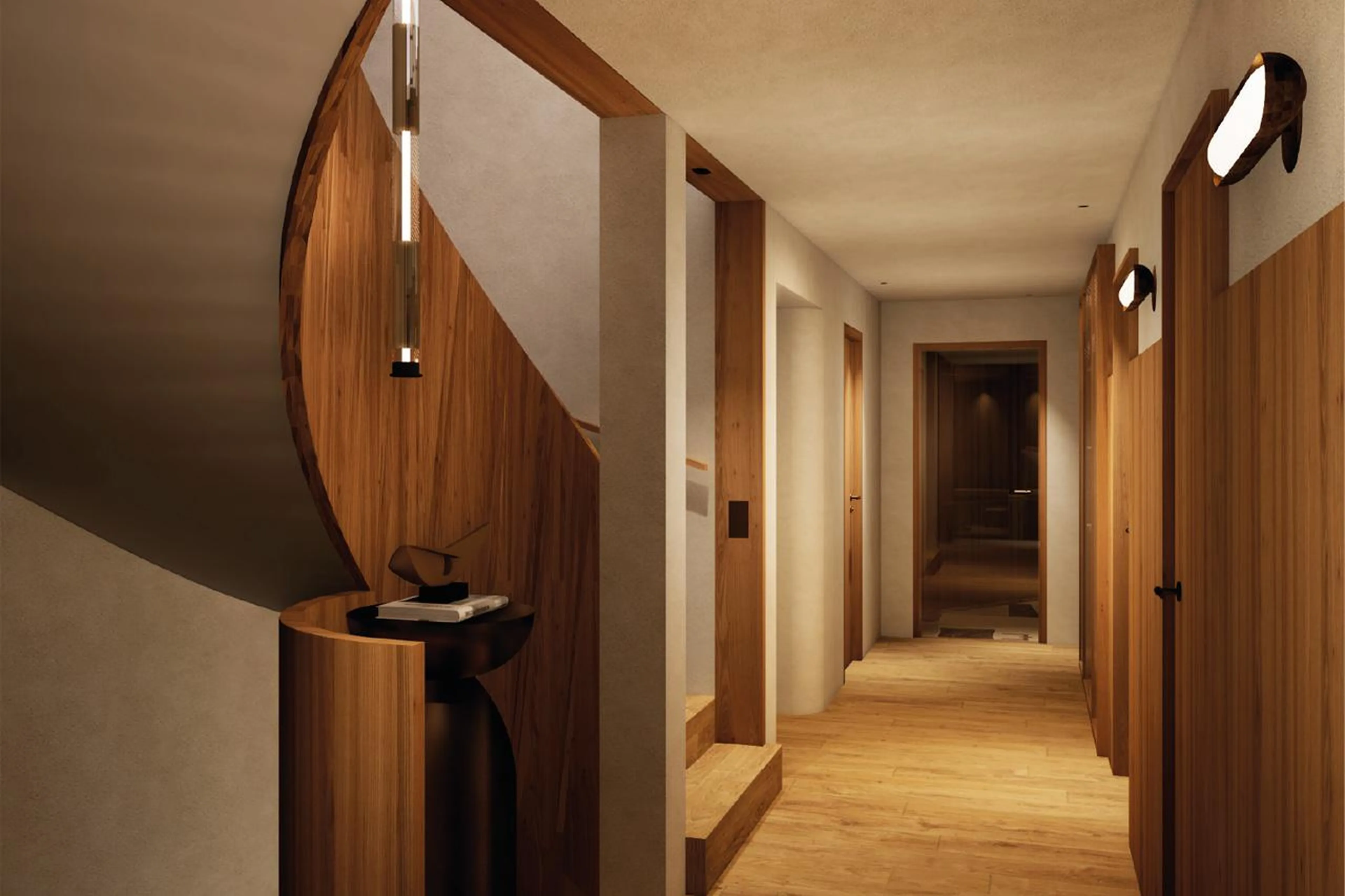 Staircase and hallway in Chalet des Legendes, Val d'Isere