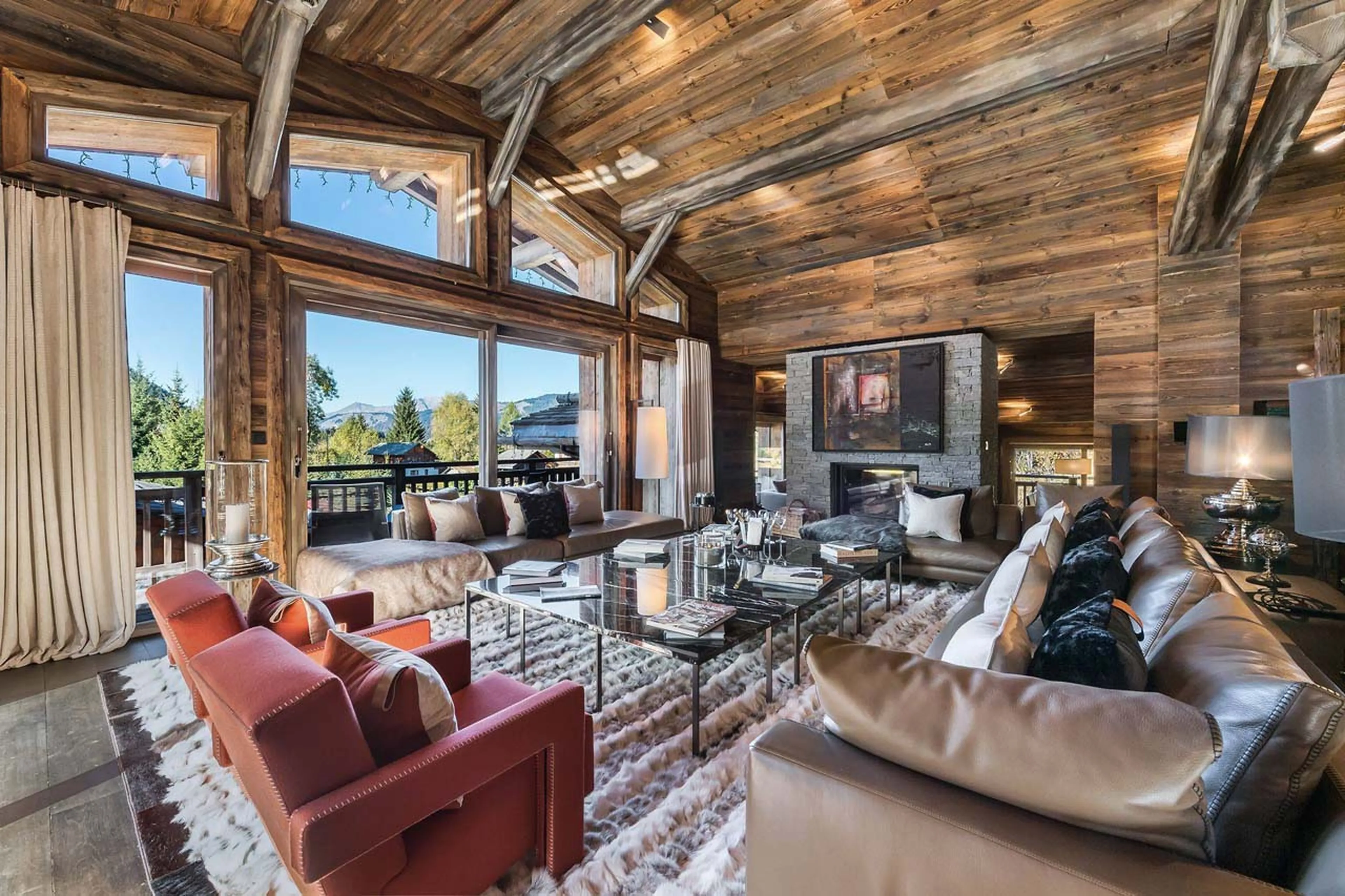 Sofas and armchairs in living area of Chalet Des Sens in Megeve