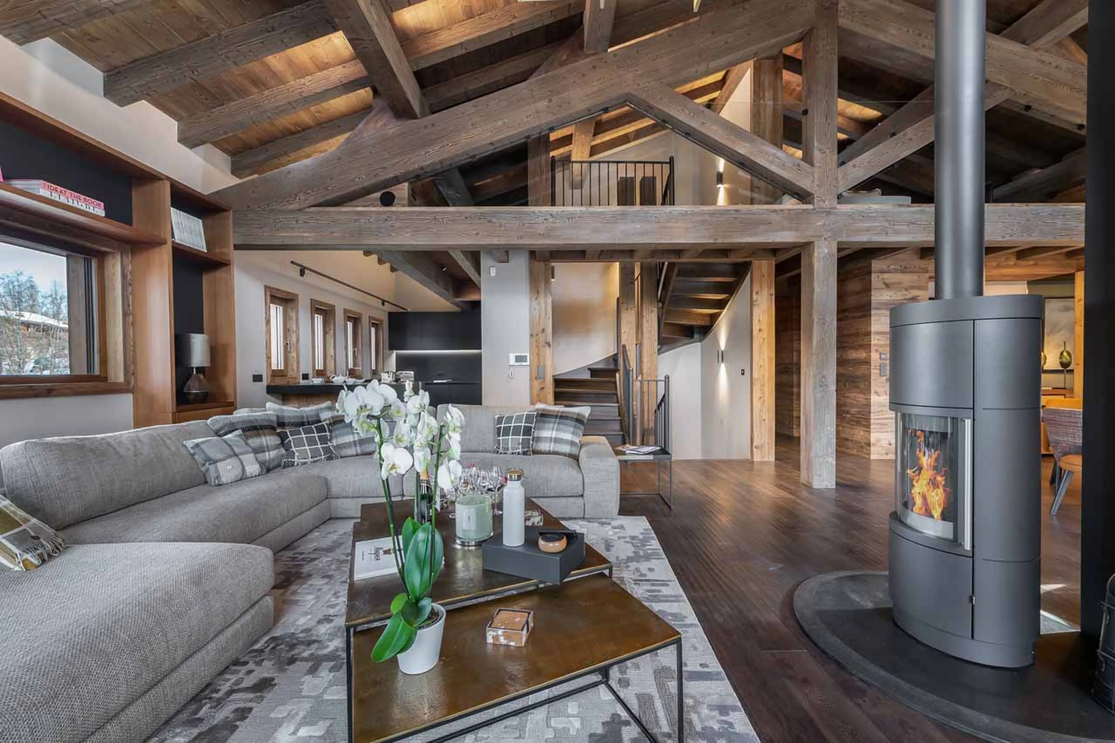 Fireplace in living area of Chalet Divinity in Megeve