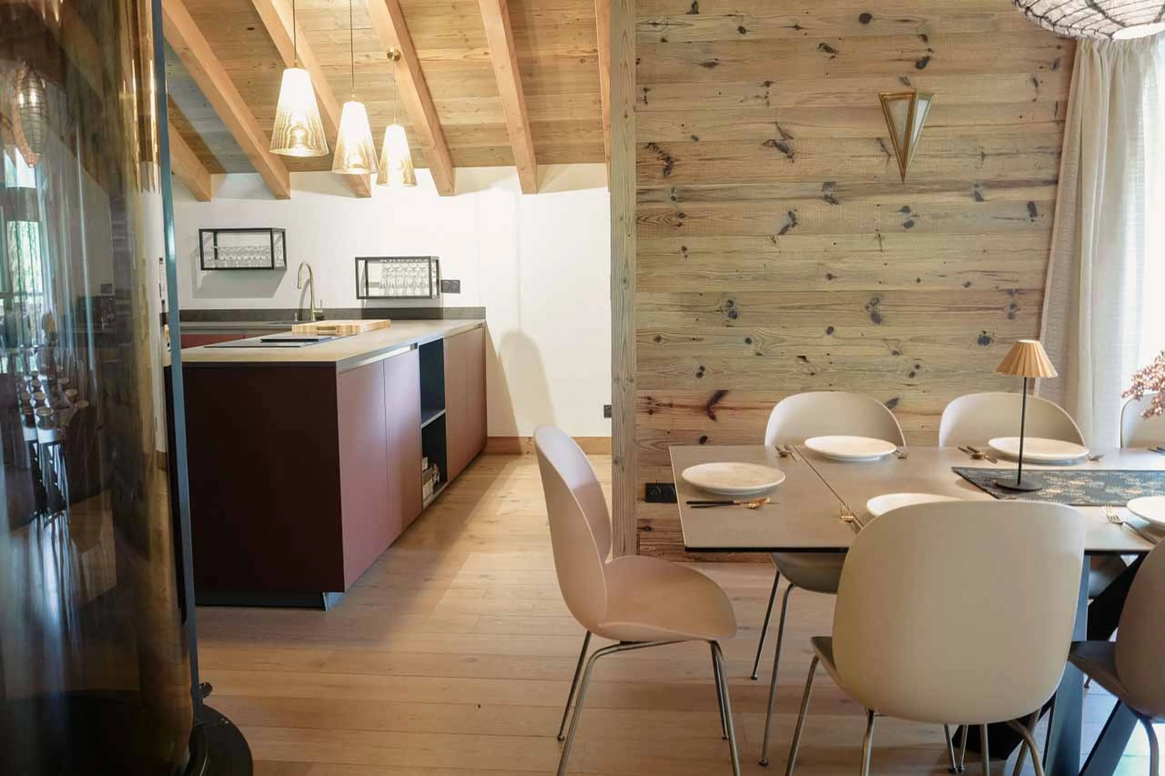 Open plan dining and kitchen at Chalet Elegie in Meribel