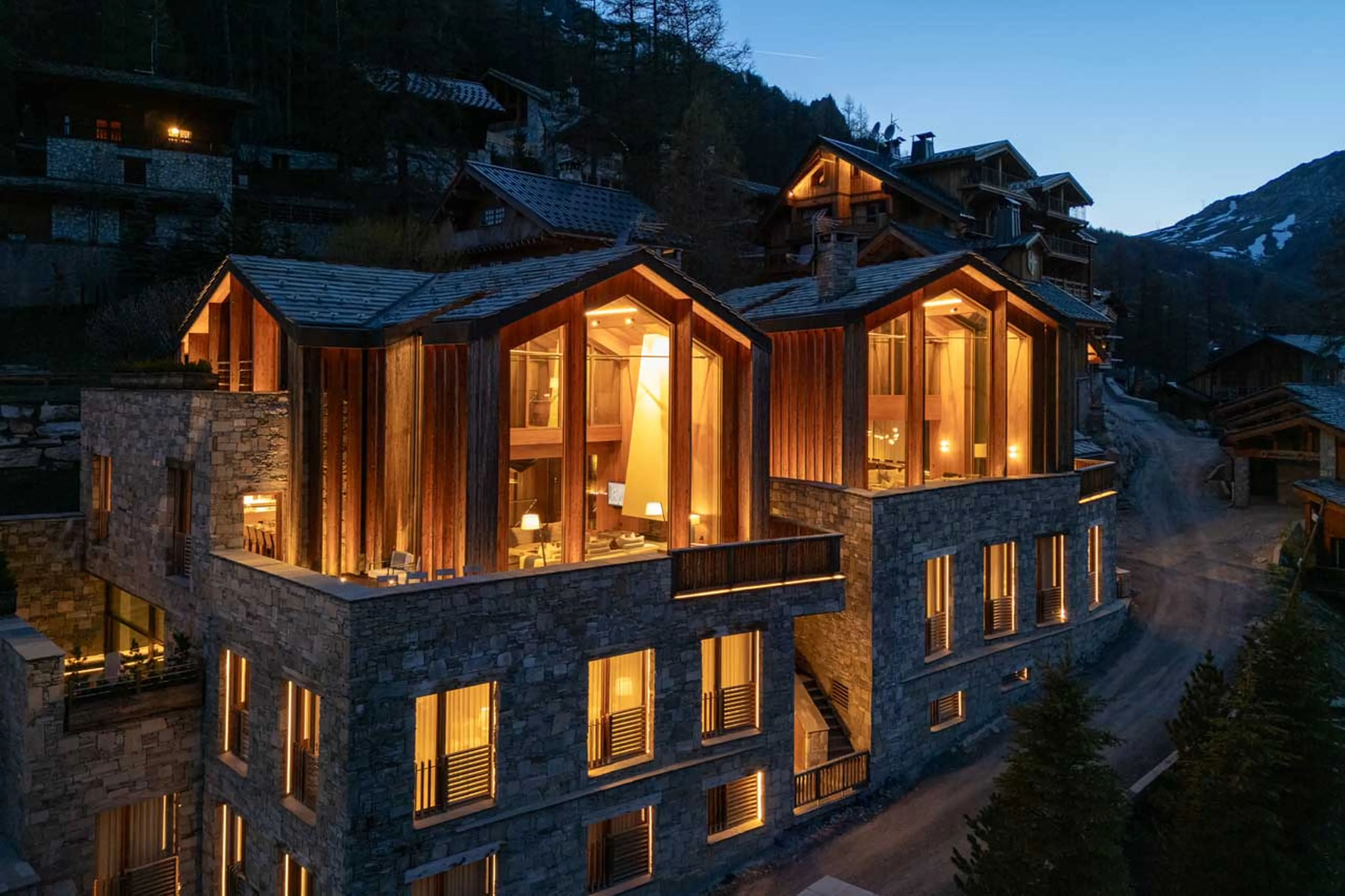 Exterior at night at Chalet Etoile du Nord East Wing in Val d'Isere