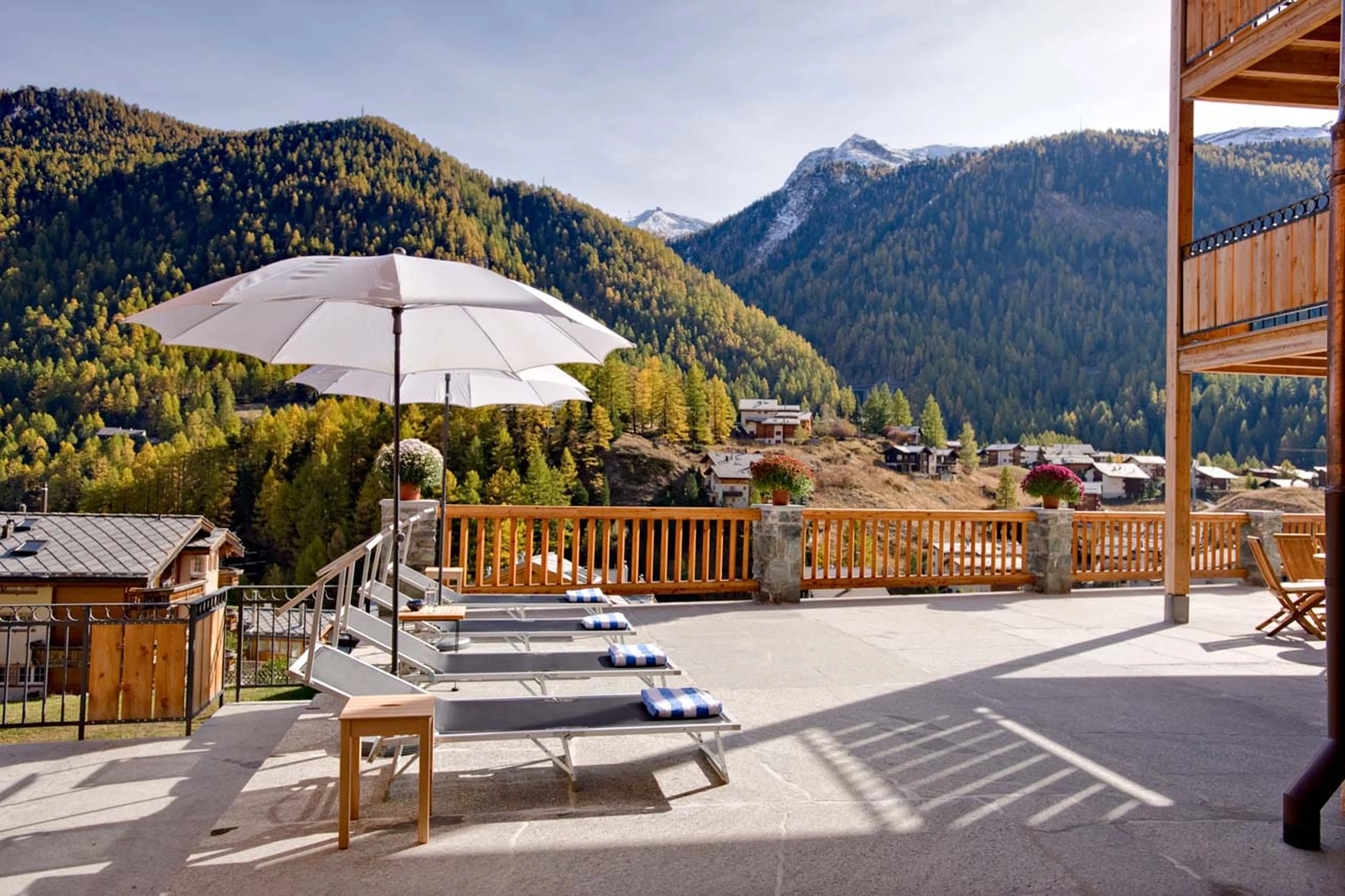 Terrace for sunbathing in summer at Chalet Gemini in Zermatt