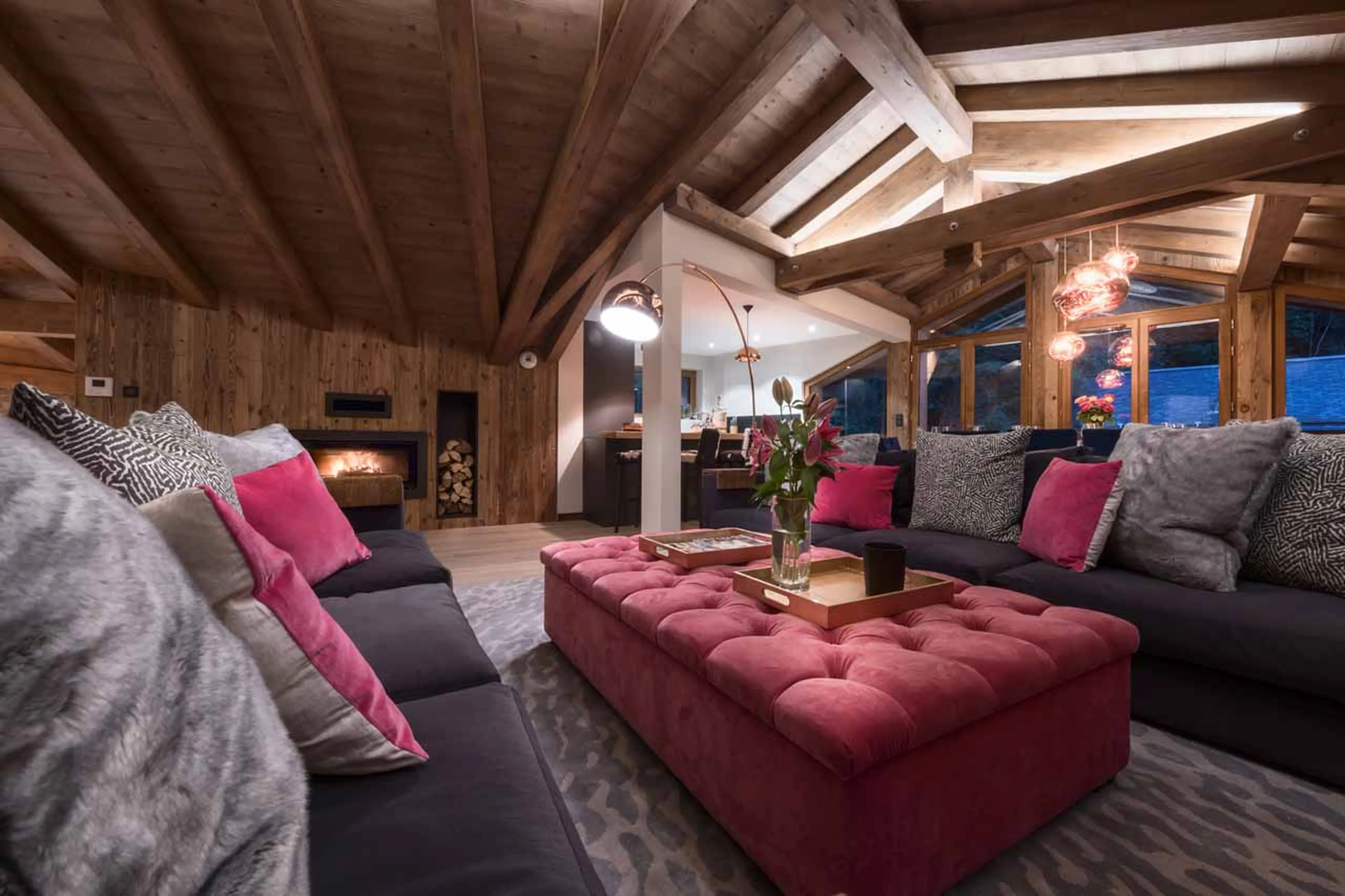 Comfortable sofas in living area of Chalet Genepi in Morzine