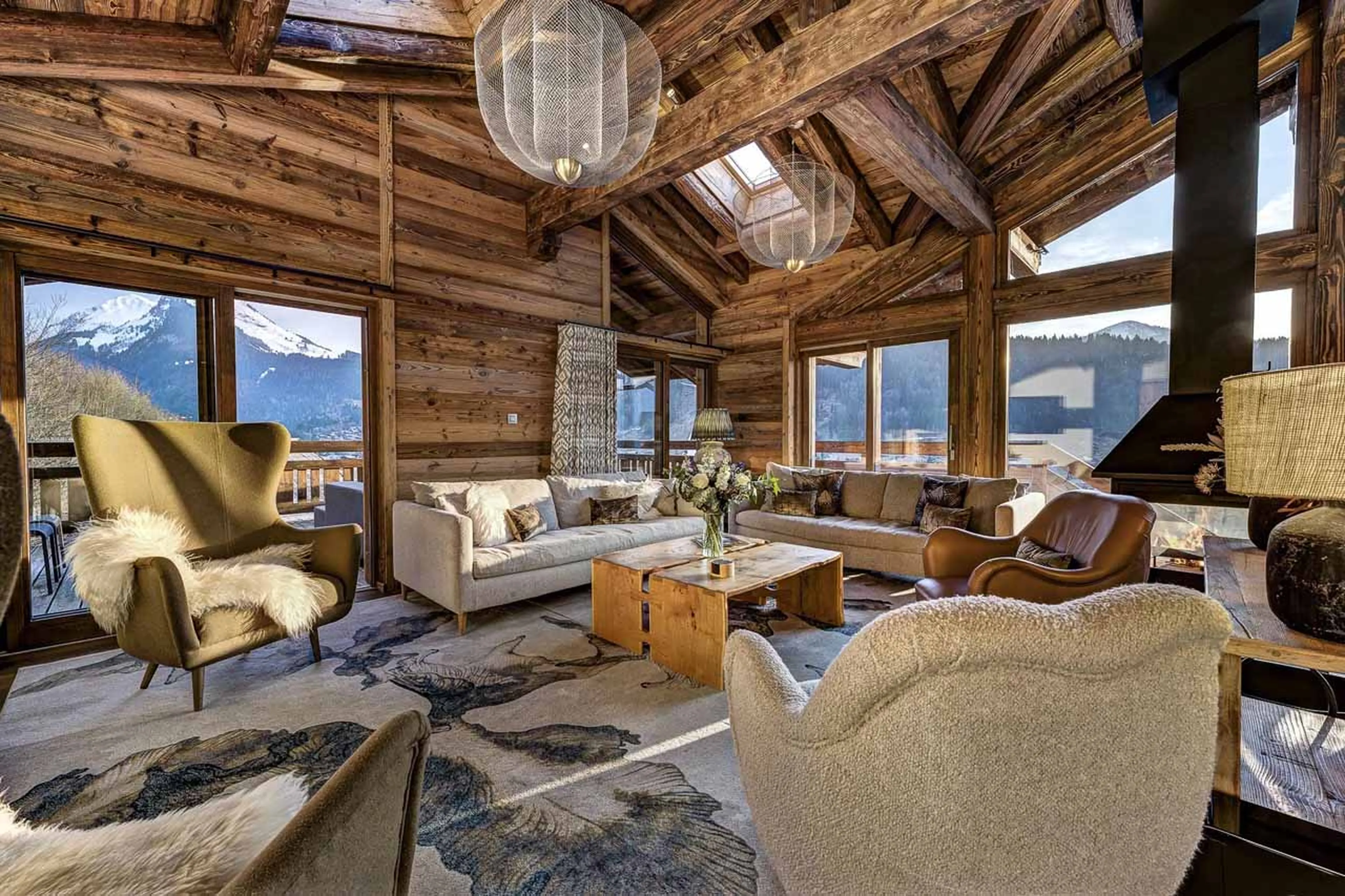 Living area at night at Chalet Goldilocks in Morzine
