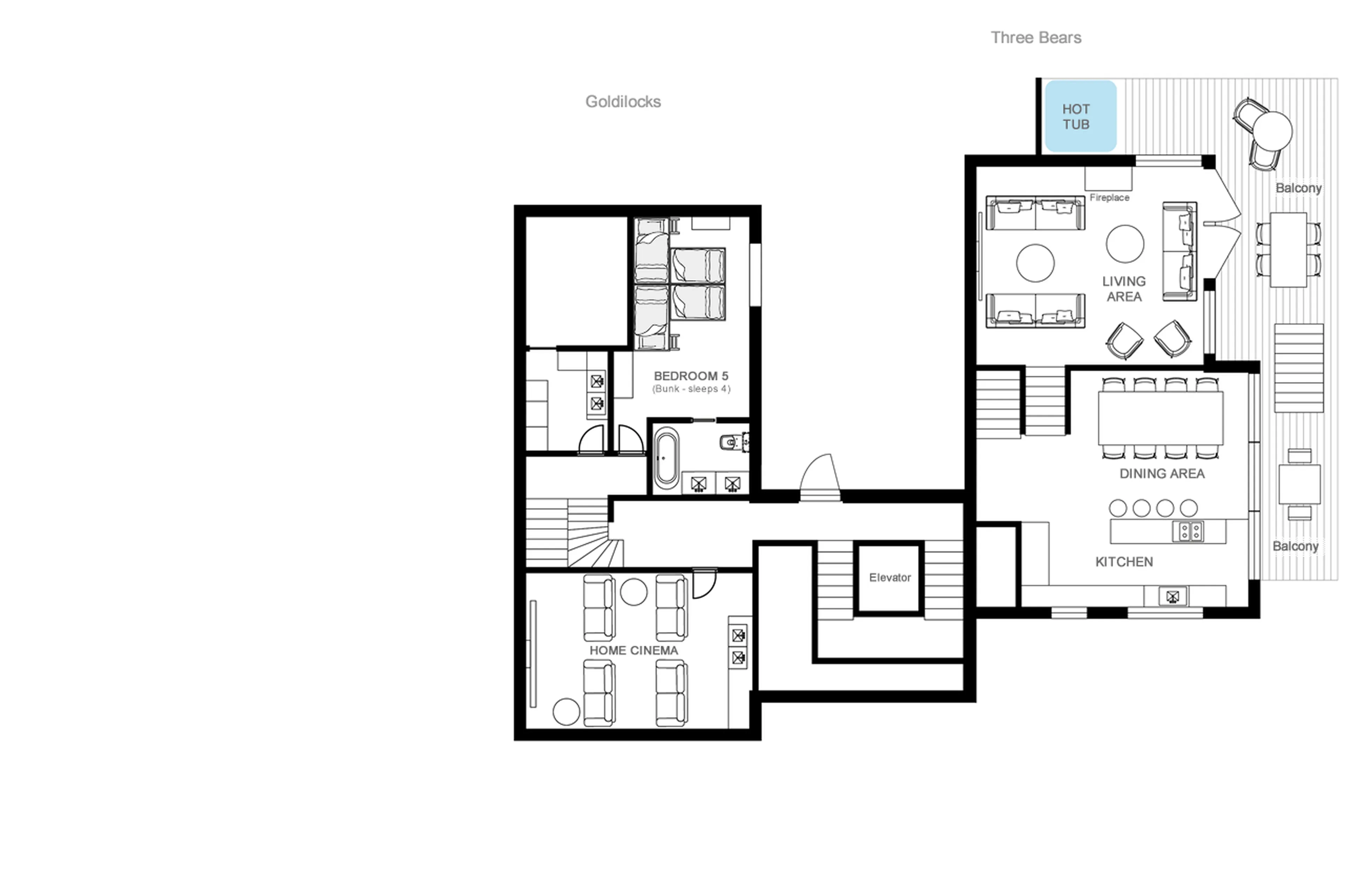 Level 1 floor plan of Chalet Goldilocks and Three Bears in Morzine