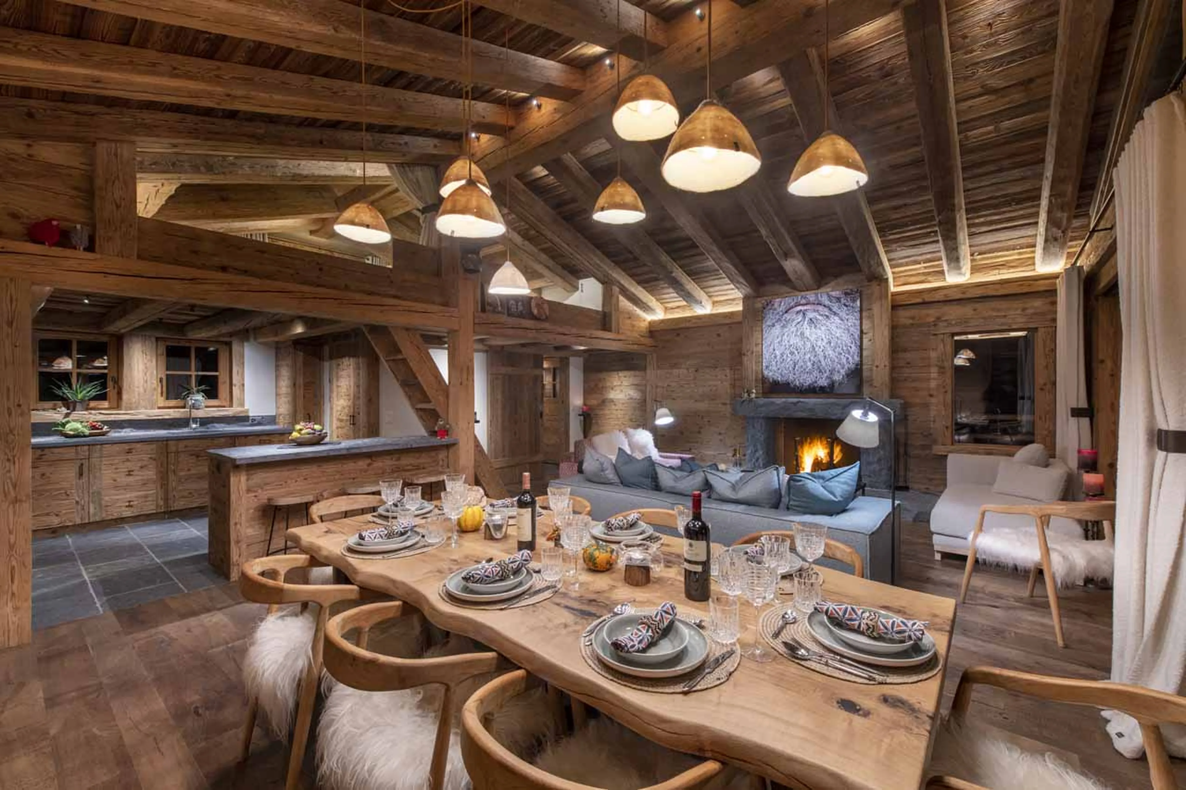 Dining area and kitchen at Chalet Grand Coeur in Verbier