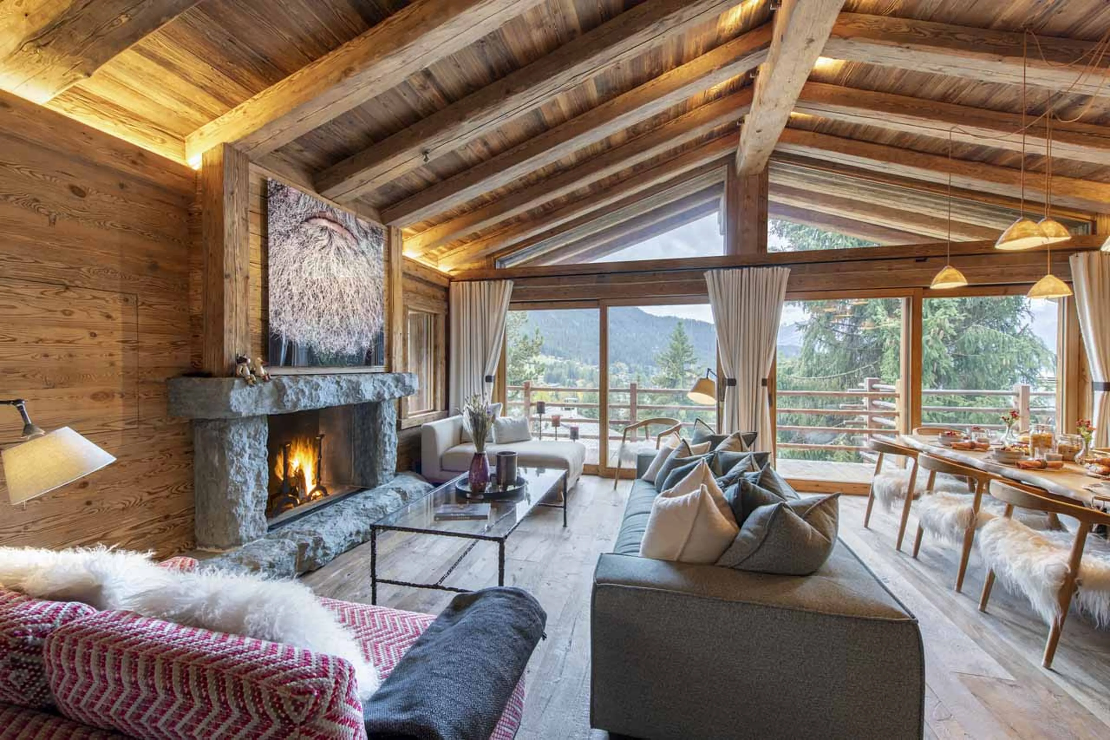 Double-height ceiling in living area of Chalet Grand Coeur in Verbier