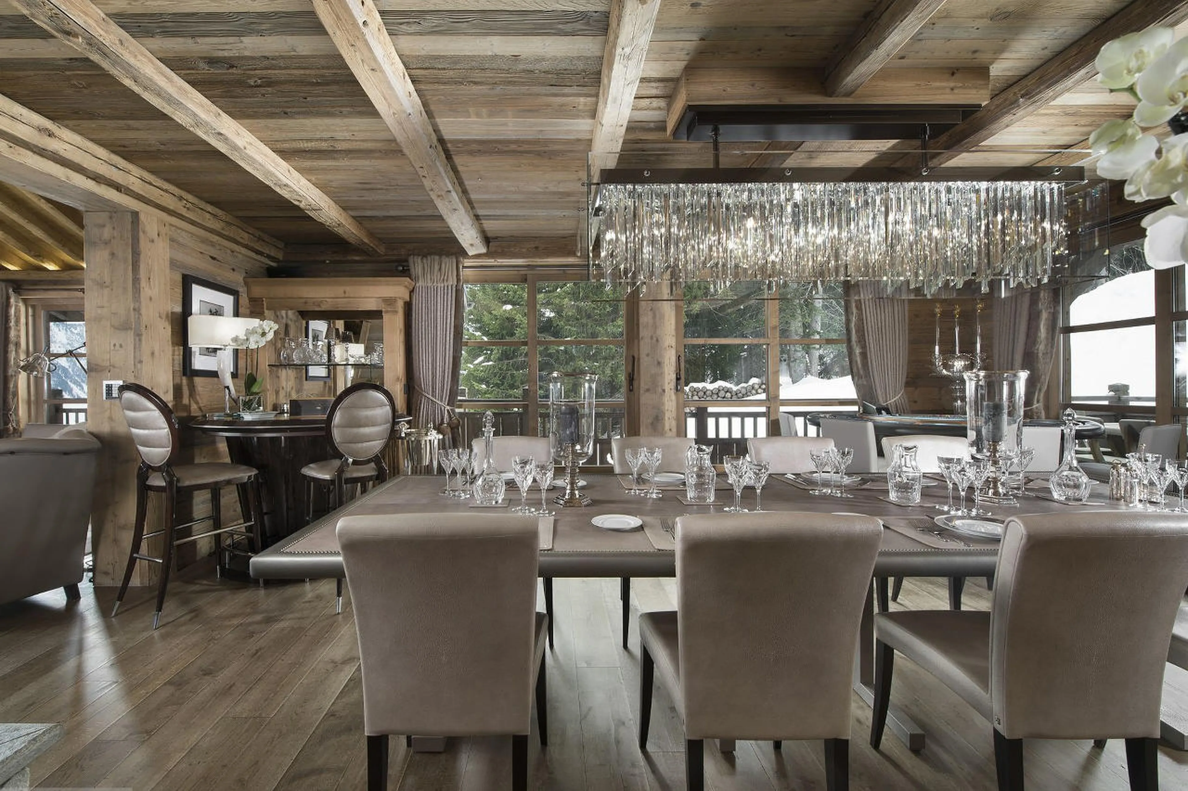 Crystal and style in the dining room of Chalet La Grande Roche in Courchevel 1850