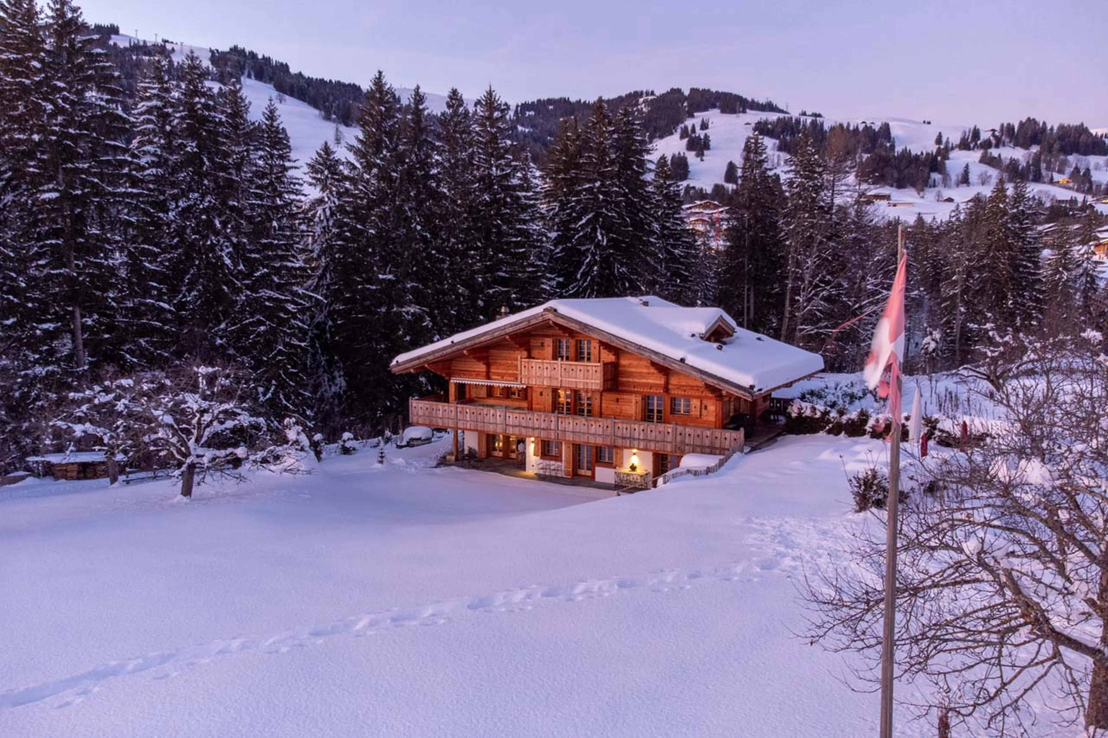 Exterior of Chalet Gruben in Gstaad at night