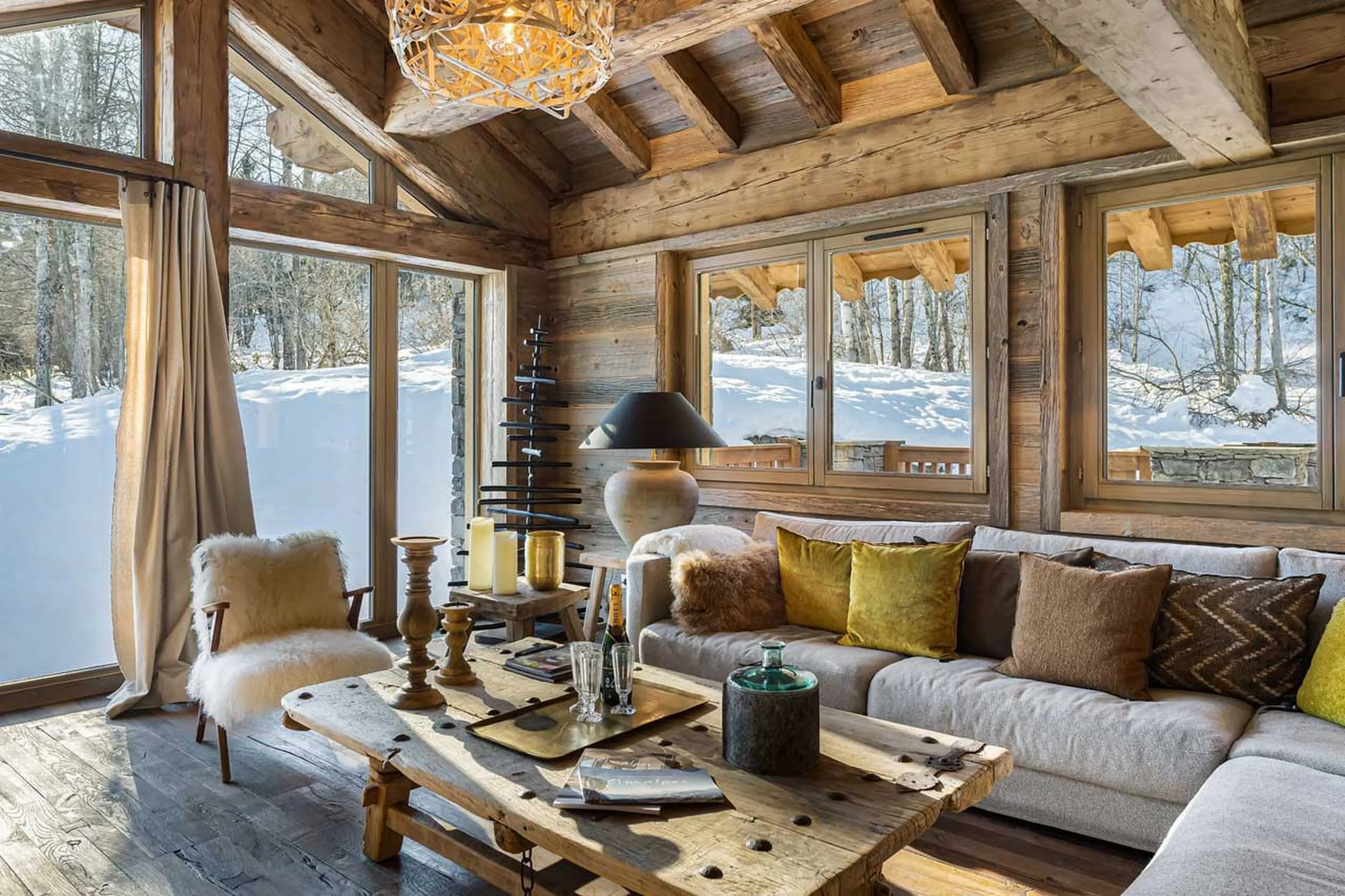 Comfortable sofas in living area of Chalet Haapiti in Meribel
