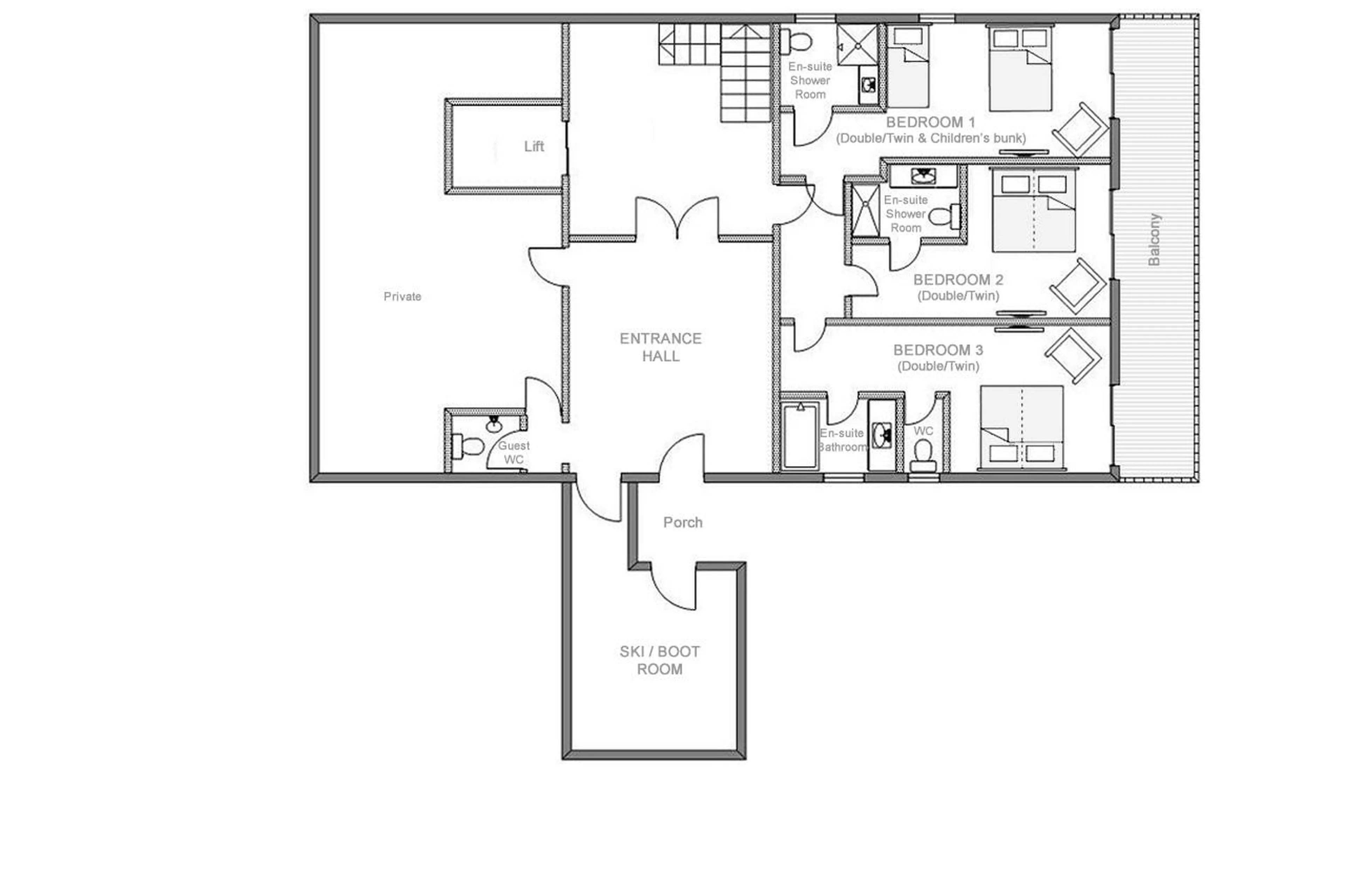 Level 0 floor plan of Chalet Harmony in Meribel