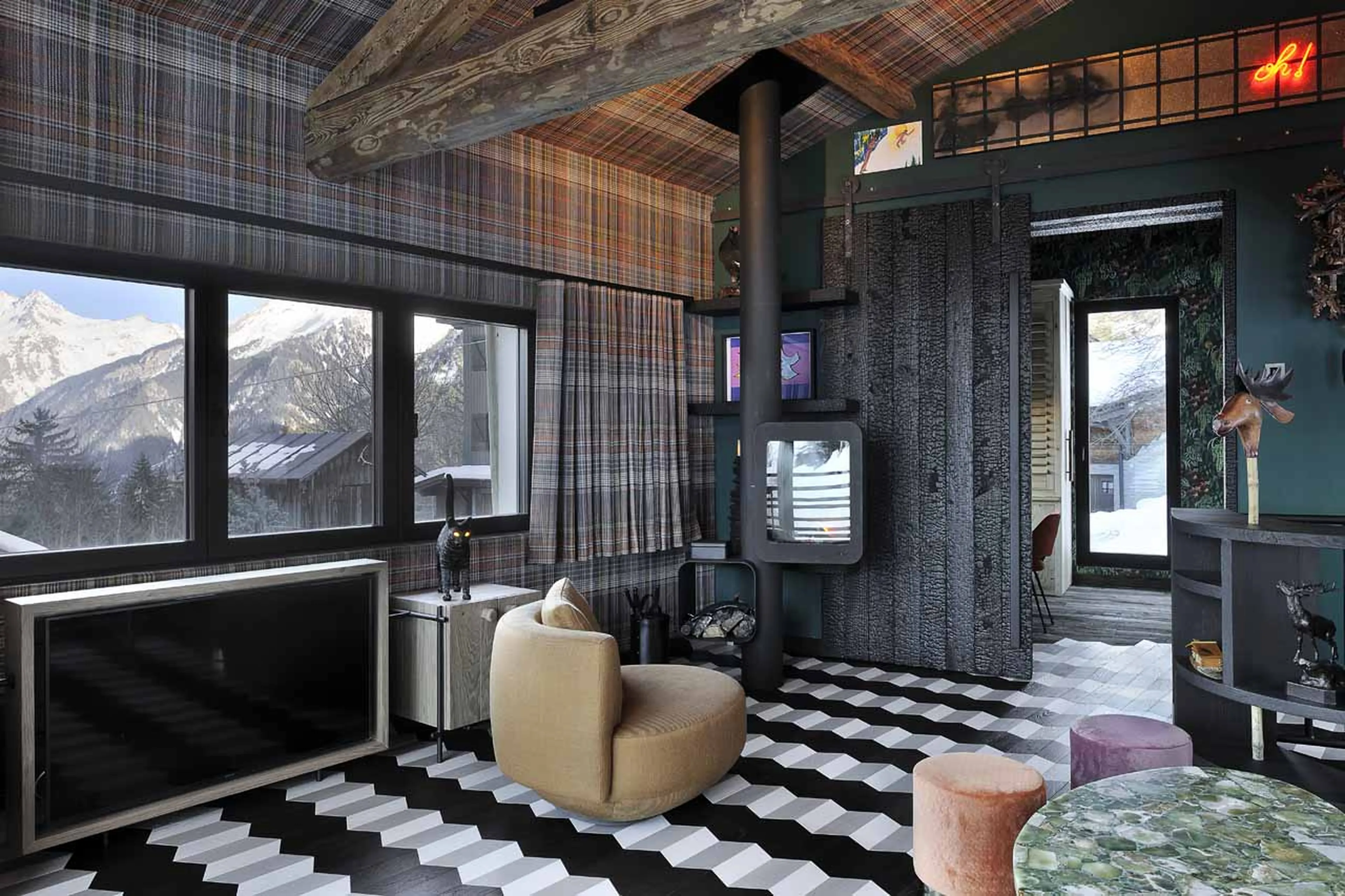 Quirky decor in living room of Chalet Ikamiut in Courchevel 1550