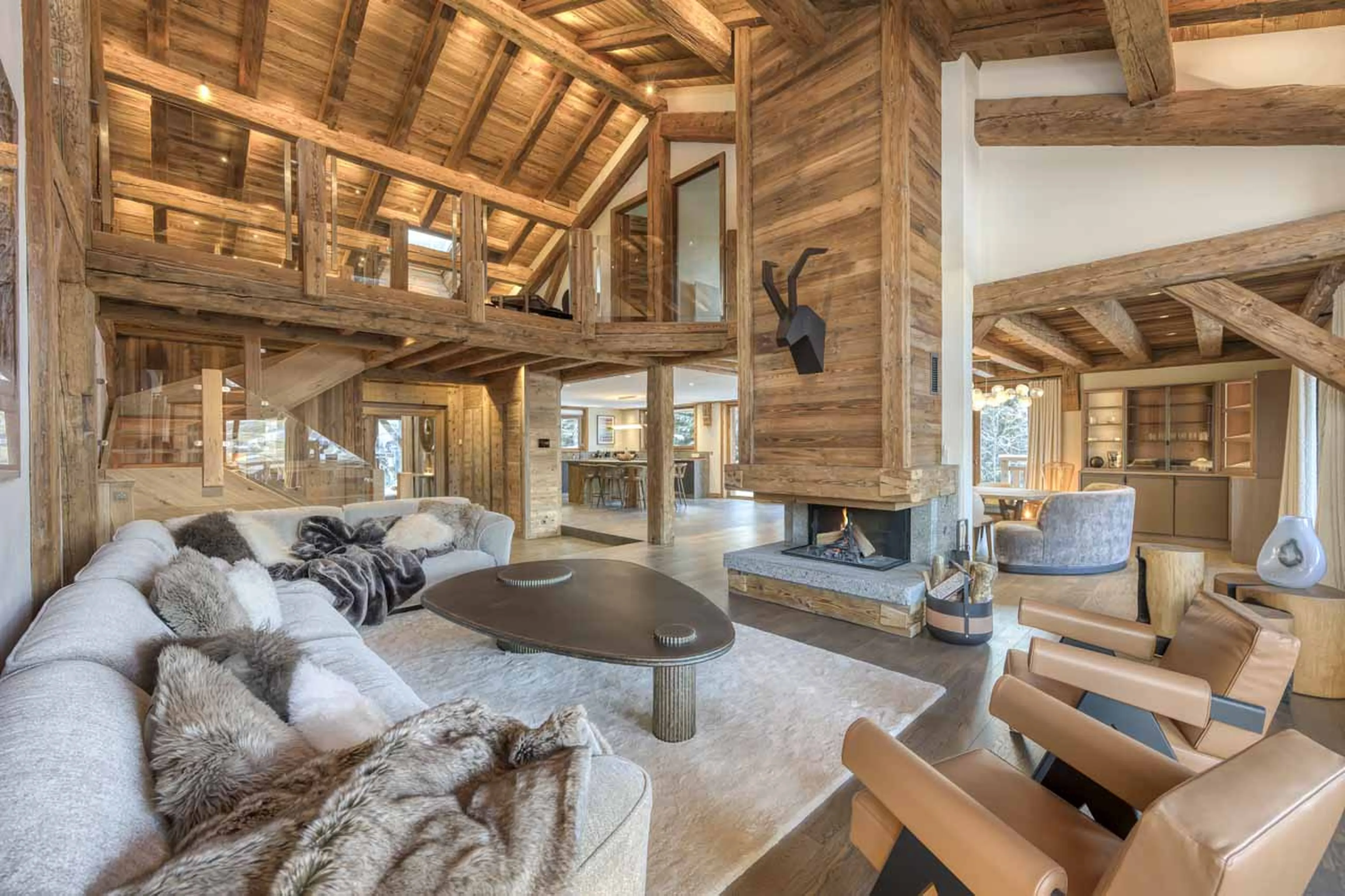 Living area fireplace at Chalet Impala in Megeve