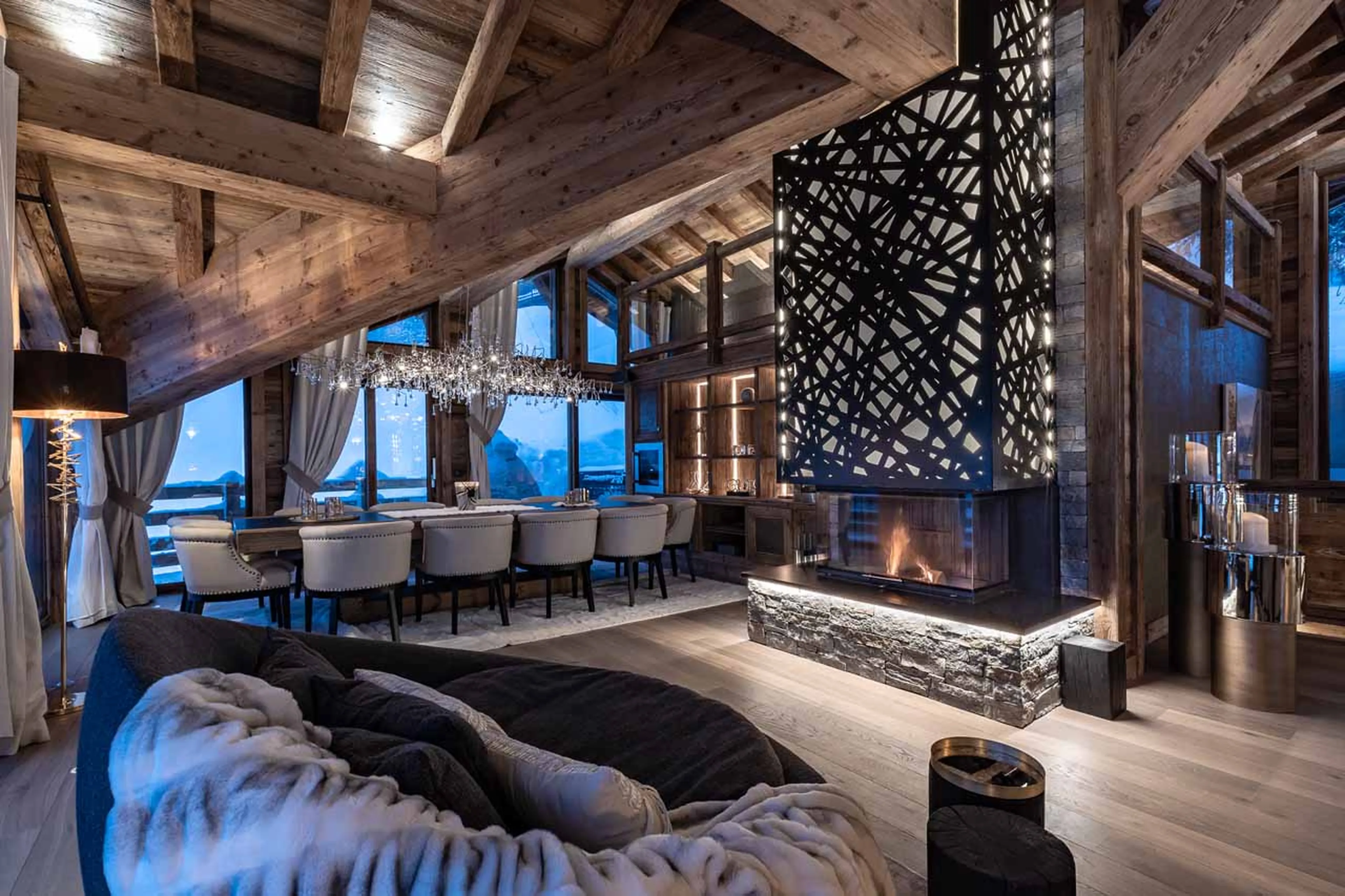 Dining area and fireplace at Chalet Infinity in Chamonix