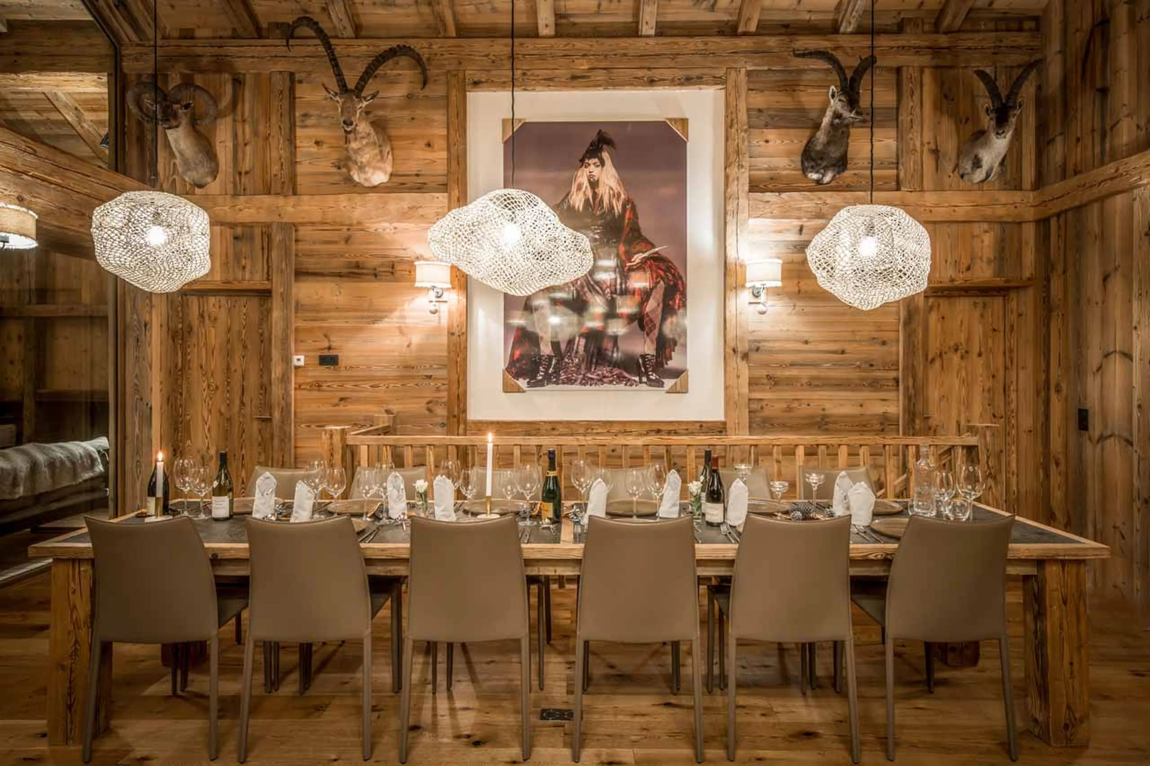 Light fittings and dining table at Chalet Inoko in Val d'Isere