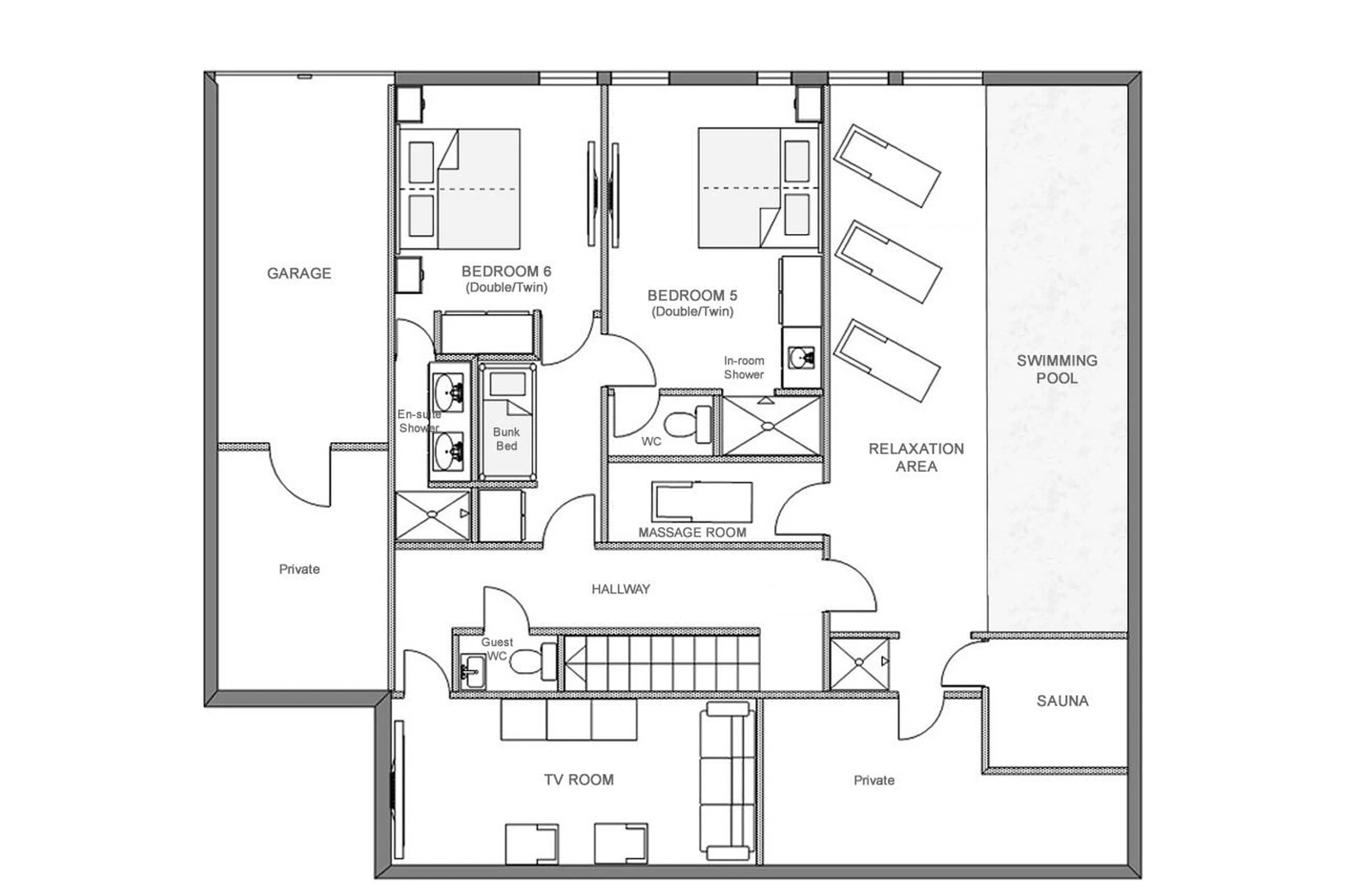 Lower ground floor plan of Chalet Inoko in Val d'Isere