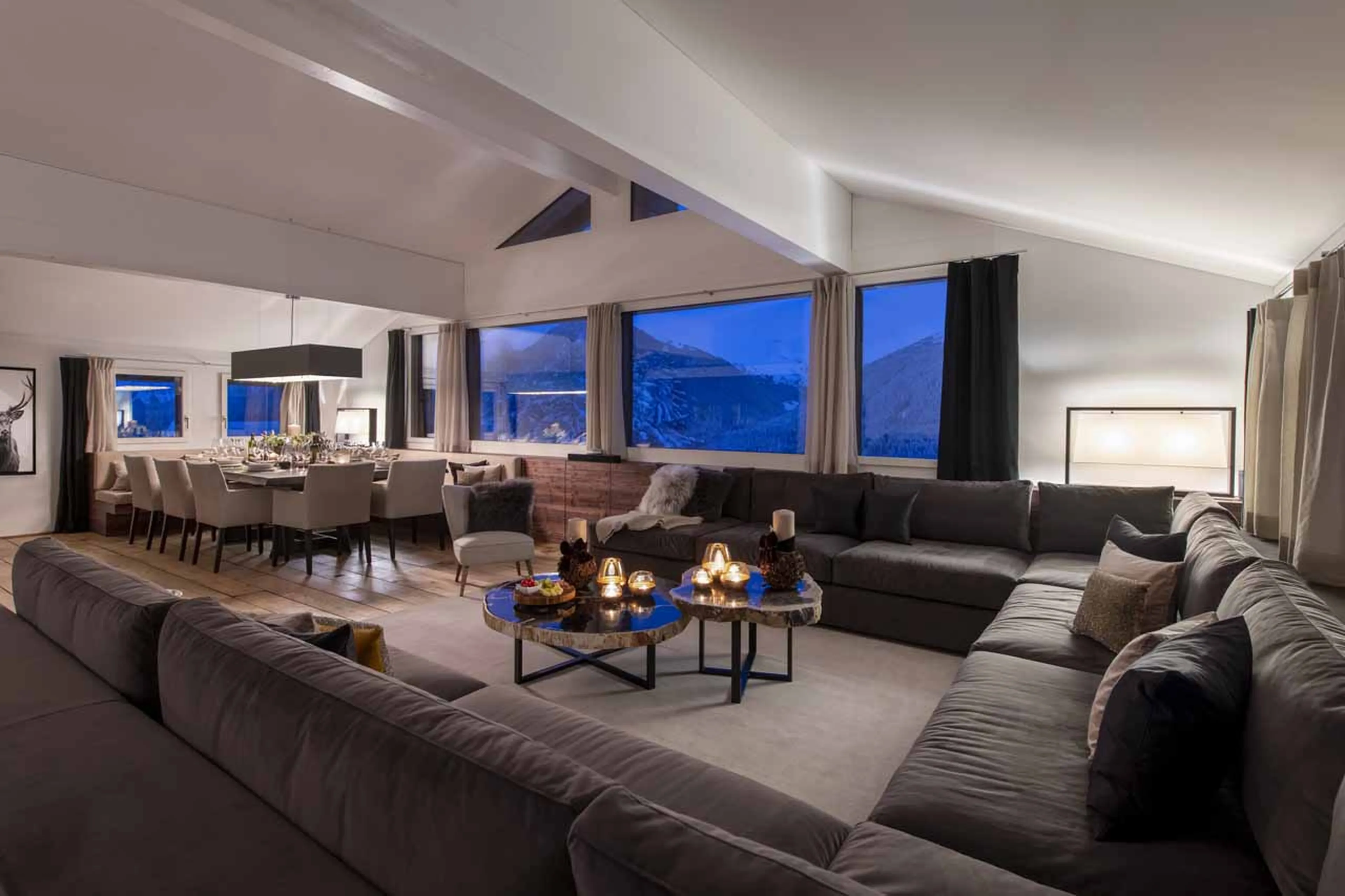 Open plan living area at night