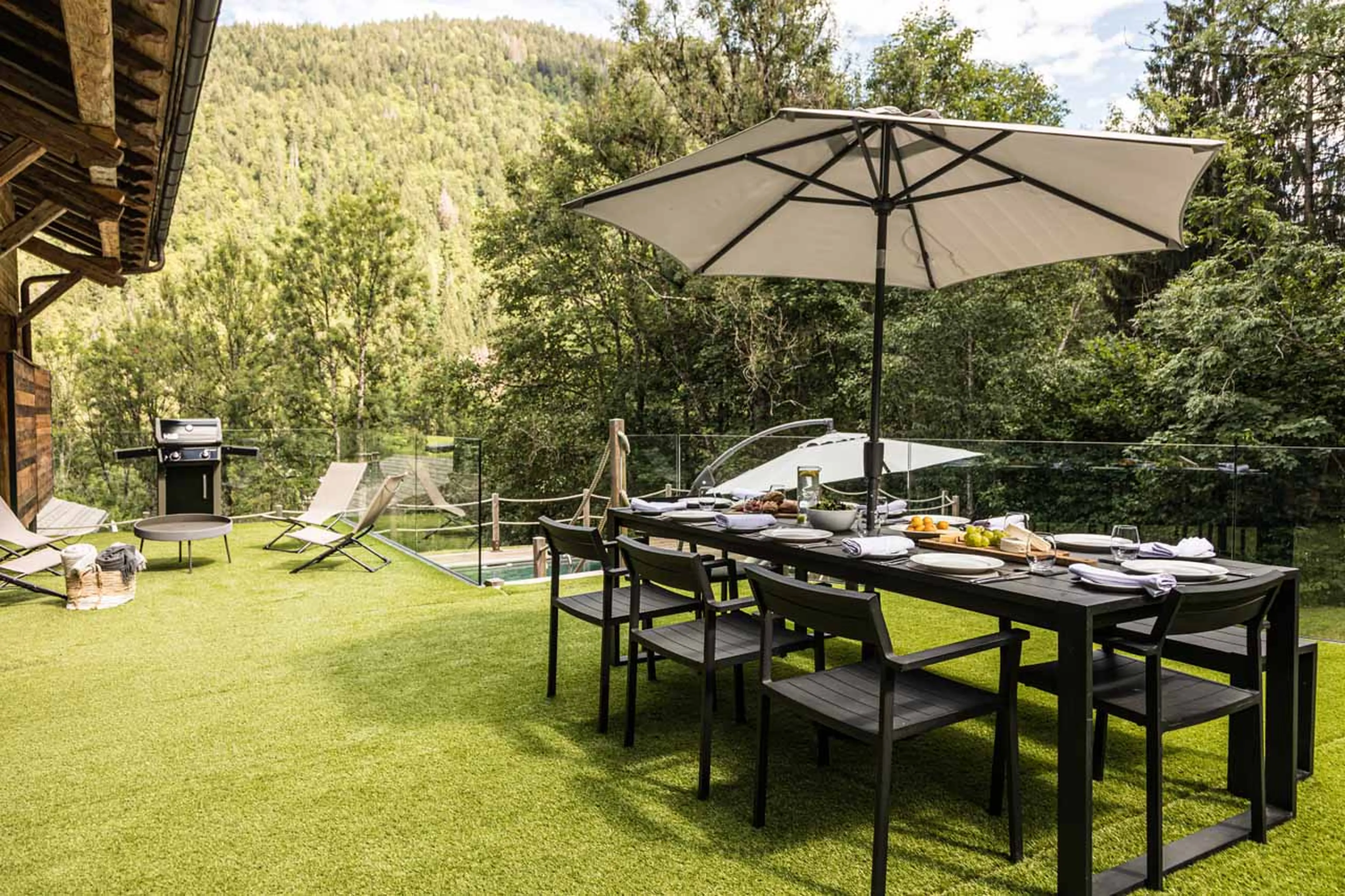 Terrace dining at Chalet Joux Plane in Morzine in summer