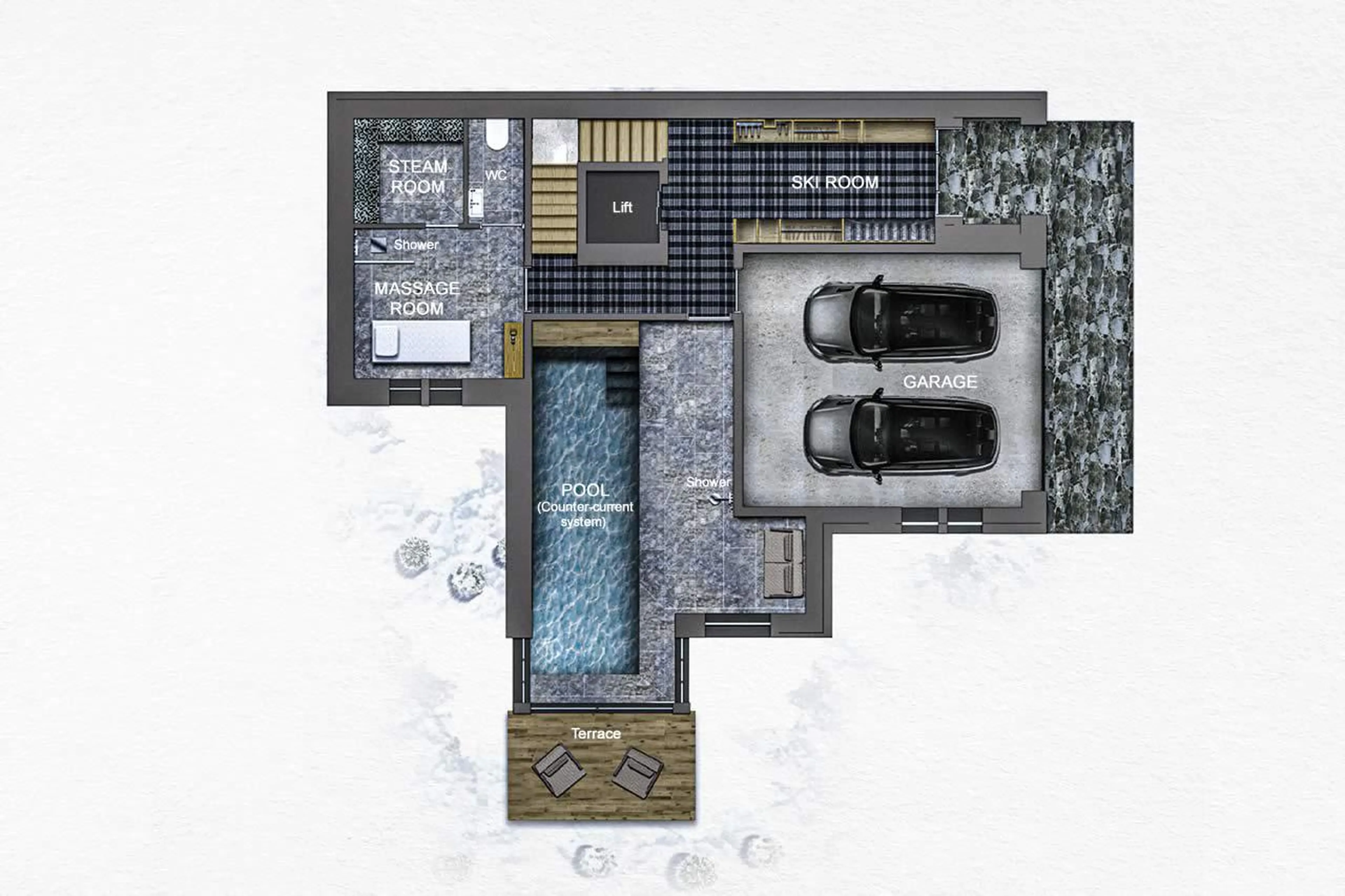 Level 0 floor plan fo Chalet Kandahar in Courchevel 1550