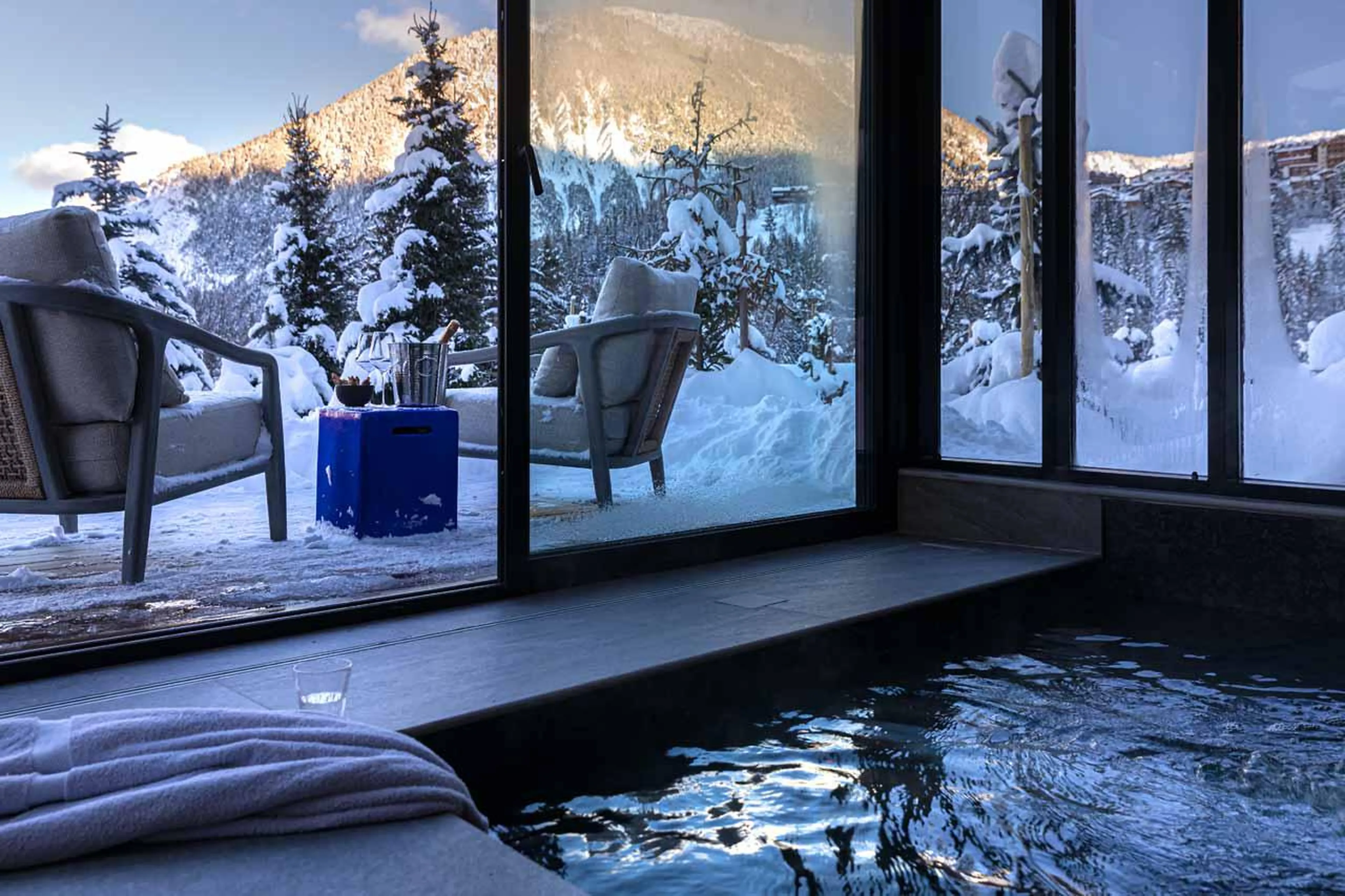 Indoor swimming pool with panoramic mountain views Chalet Kandahar in Courchevel 1550