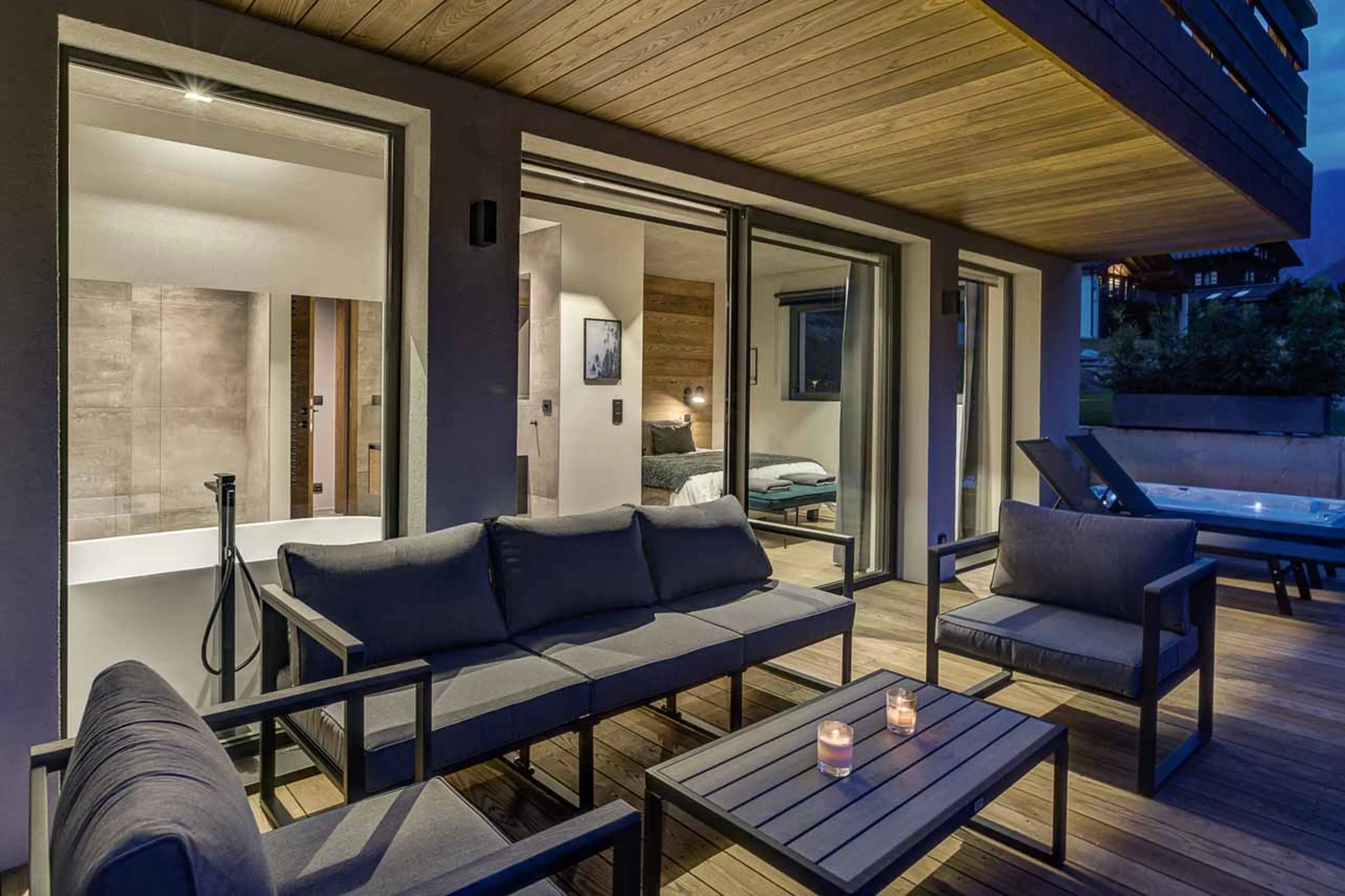 Terrace at night at Chalet Kea in Chamonix