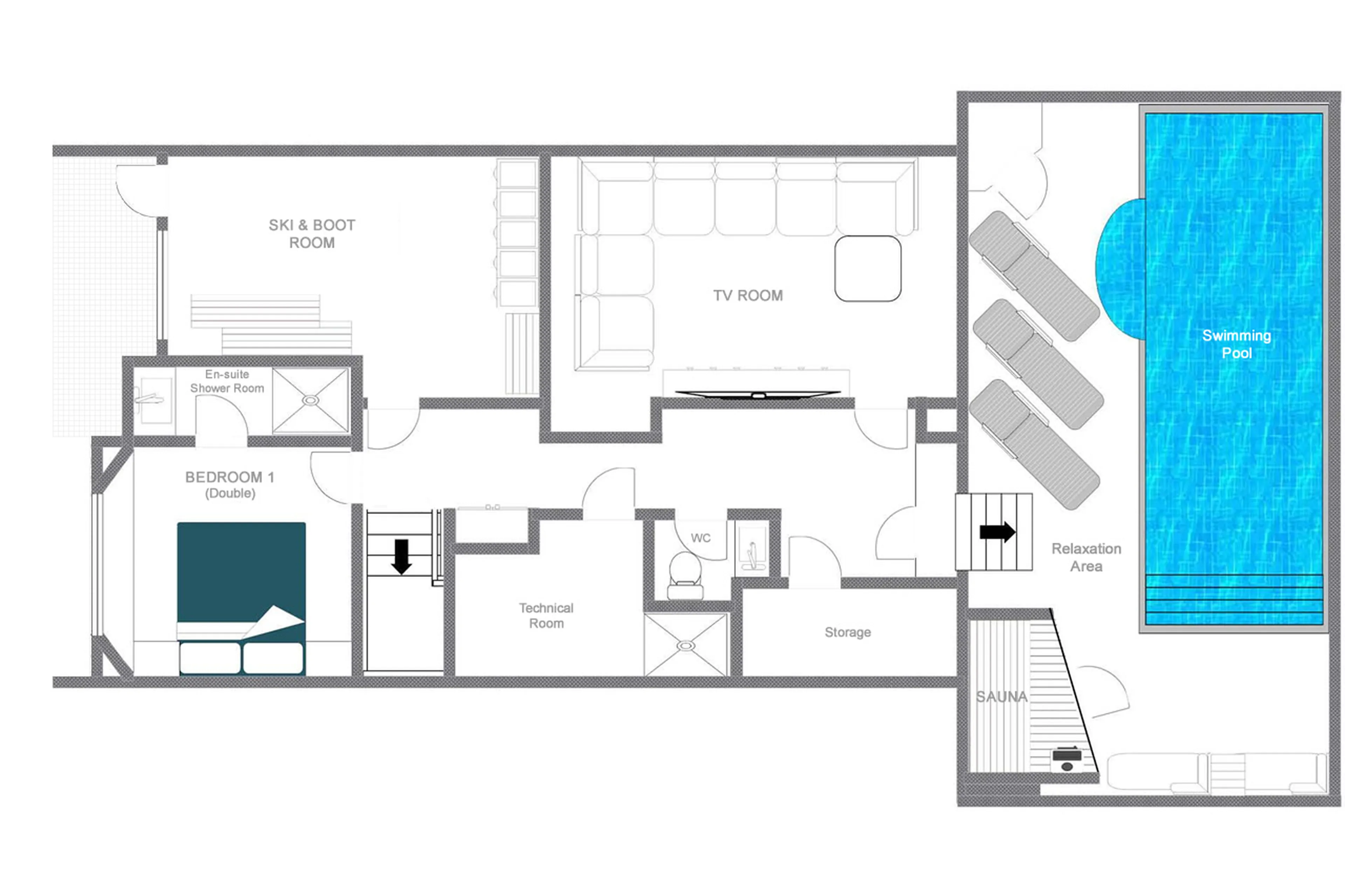 Level -1 floor plan for Chalet Kitsune in Val d'Isere