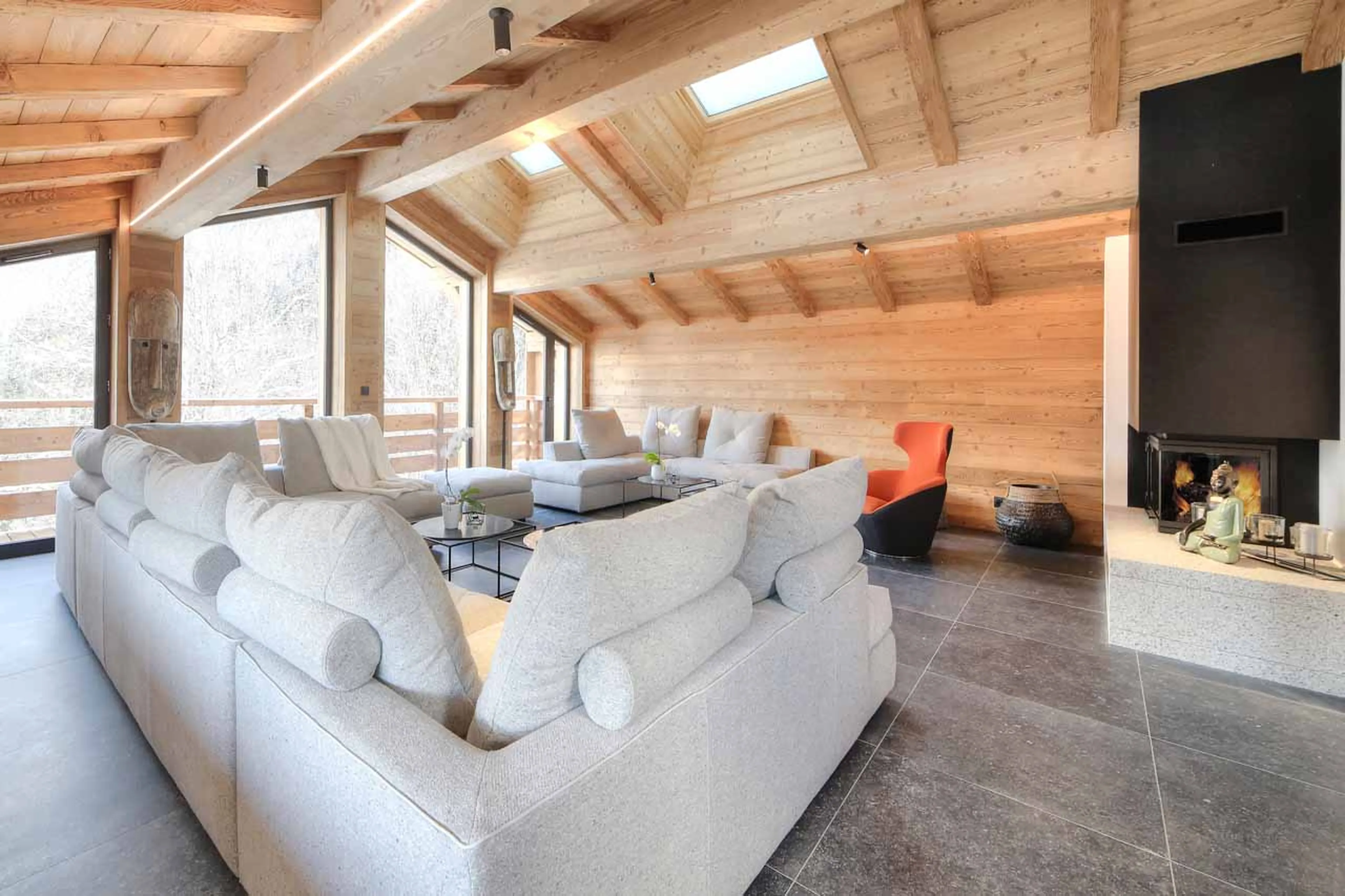 Sofas in living area of Chalet Kuma in Chamonix